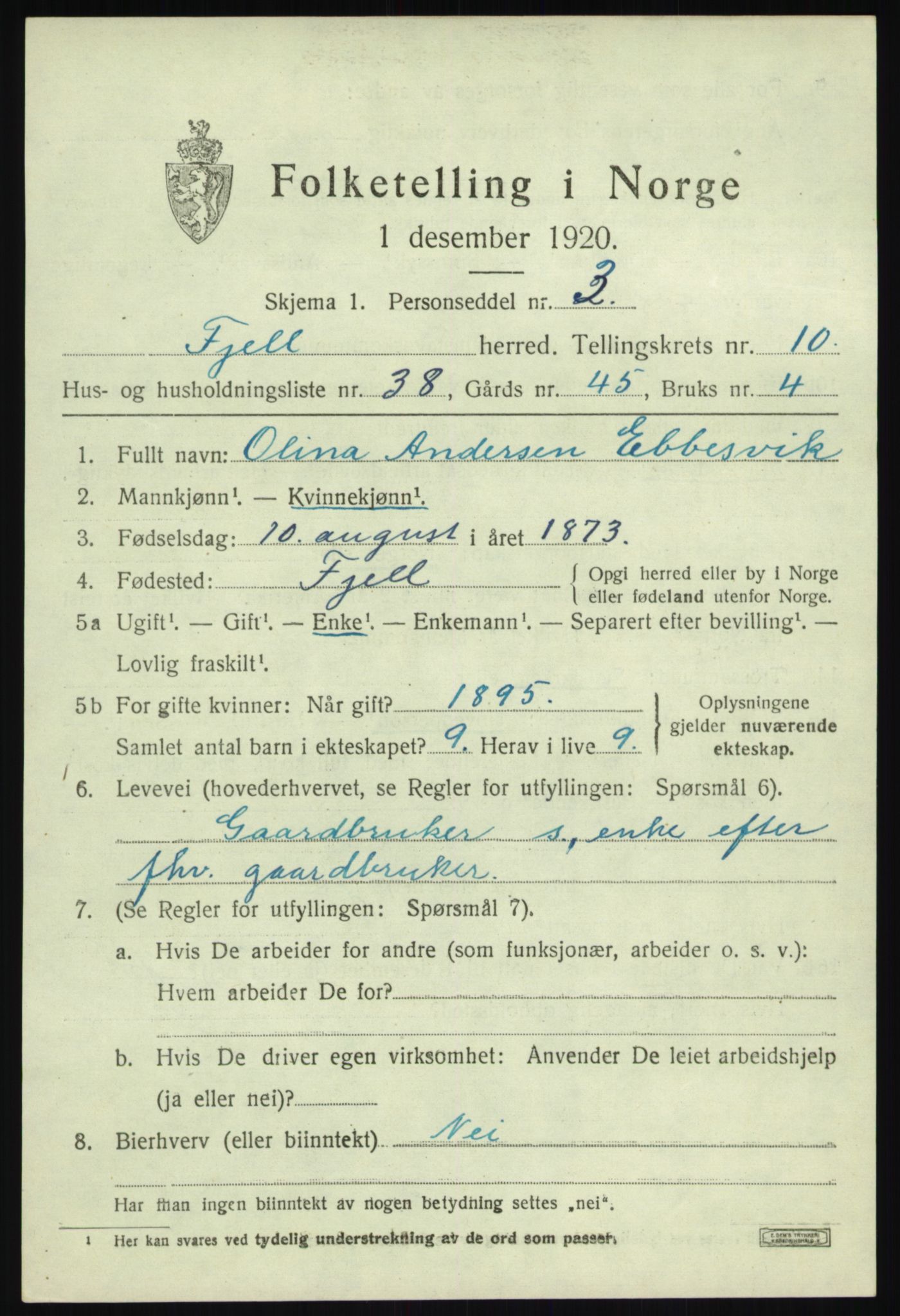 SAB, 1920 census for Fjell, 1920, p. 9592