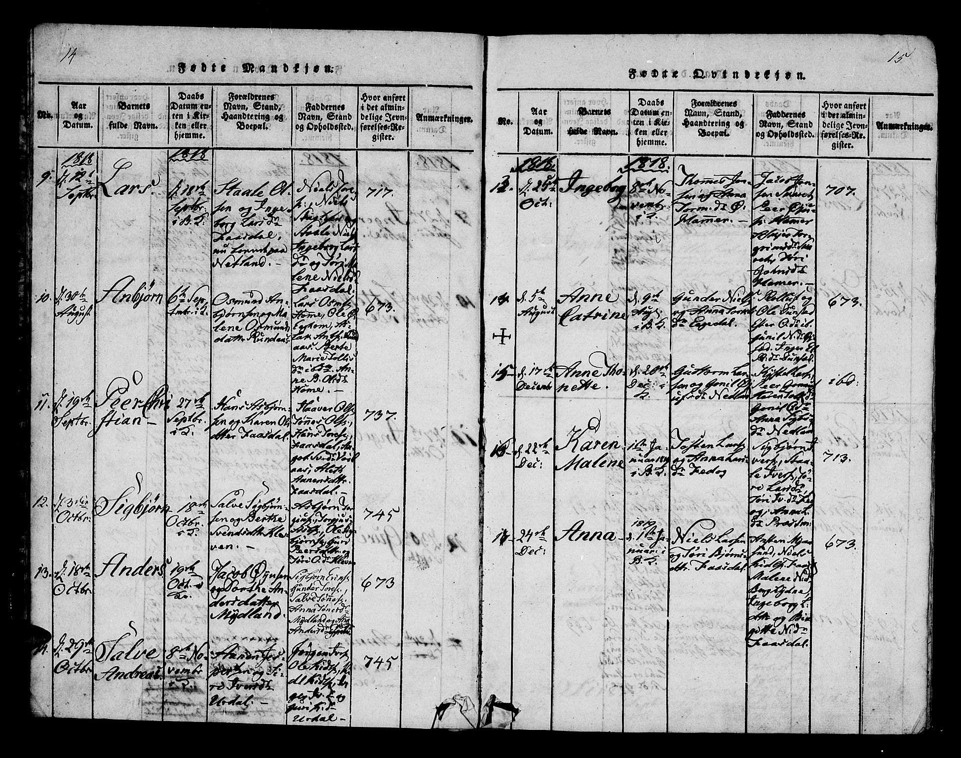 Bakke sokneprestkontor, SAK/1111-0002/F/Fa/Fab/L0001: Parish register (official) no. A 1, 1815-1835, p. 14-15