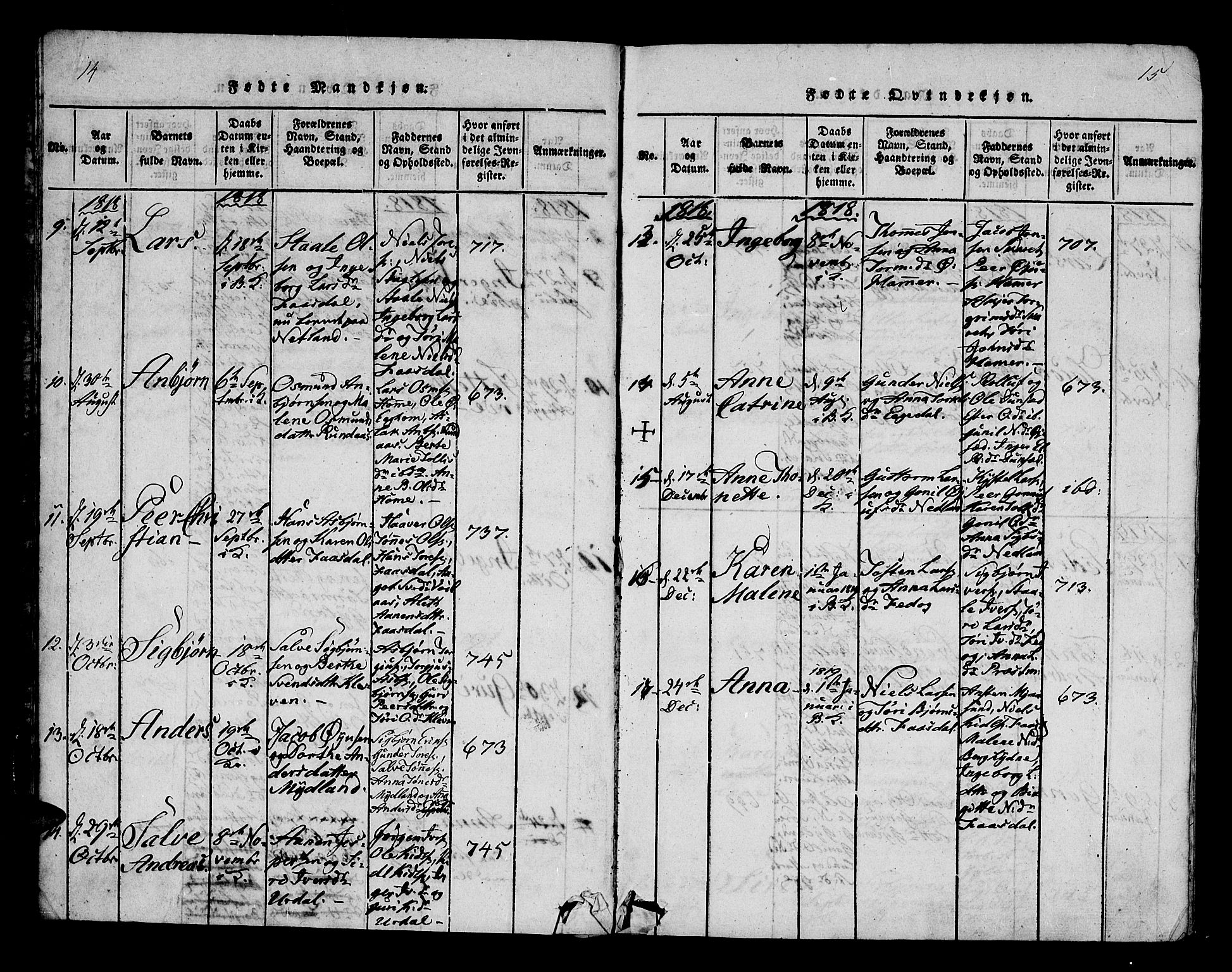 Bakke sokneprestkontor, AV/SAK-1111-0002/F/Fa/Fab/L0001: Parish register (official) no. A 1, 1815-1835, p. 14-15