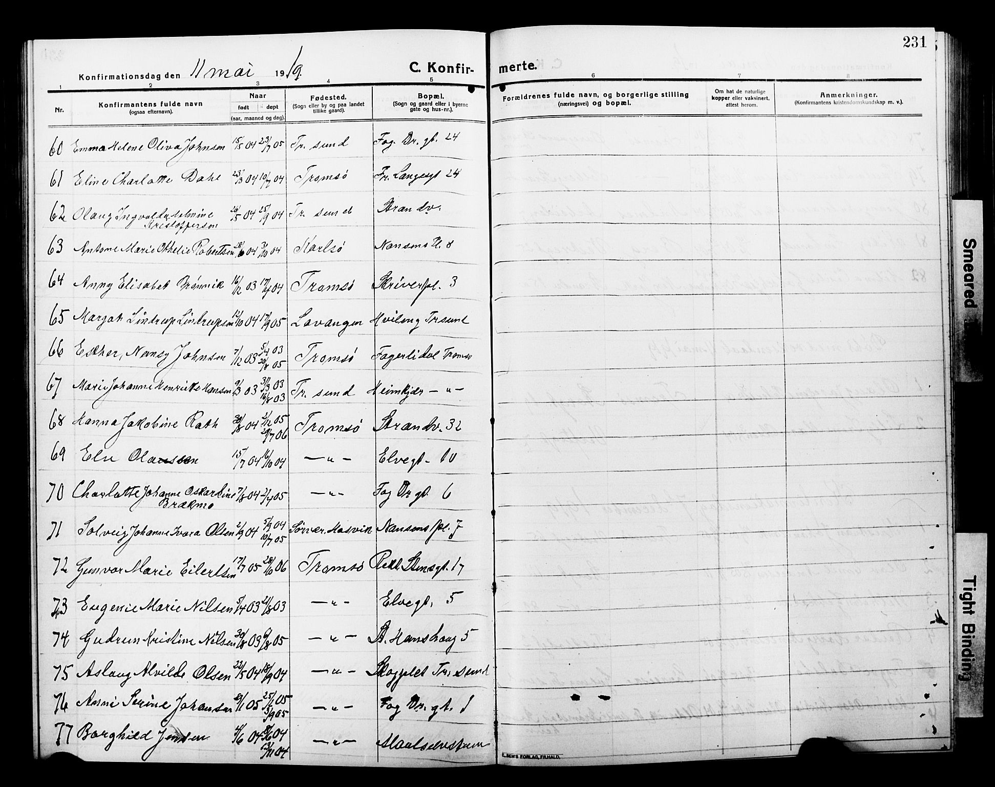 Tromsø sokneprestkontor/stiftsprosti/domprosti, AV/SATØ-S-1343/G/Gb/L0009klokker: Parish register (copy) no. 9, 1915-1925, p. 231