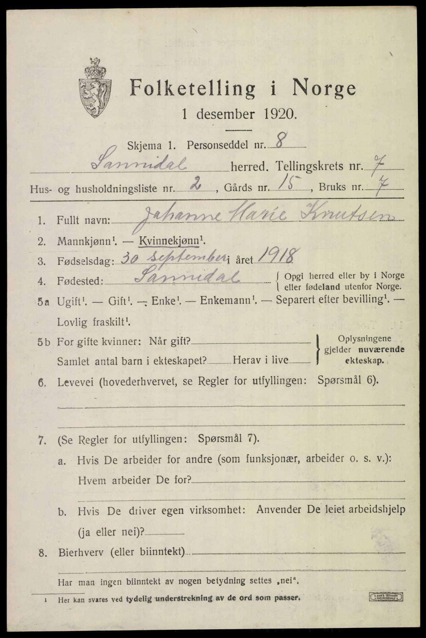SAKO, 1920 census for Sannidal, 1920, p. 4935