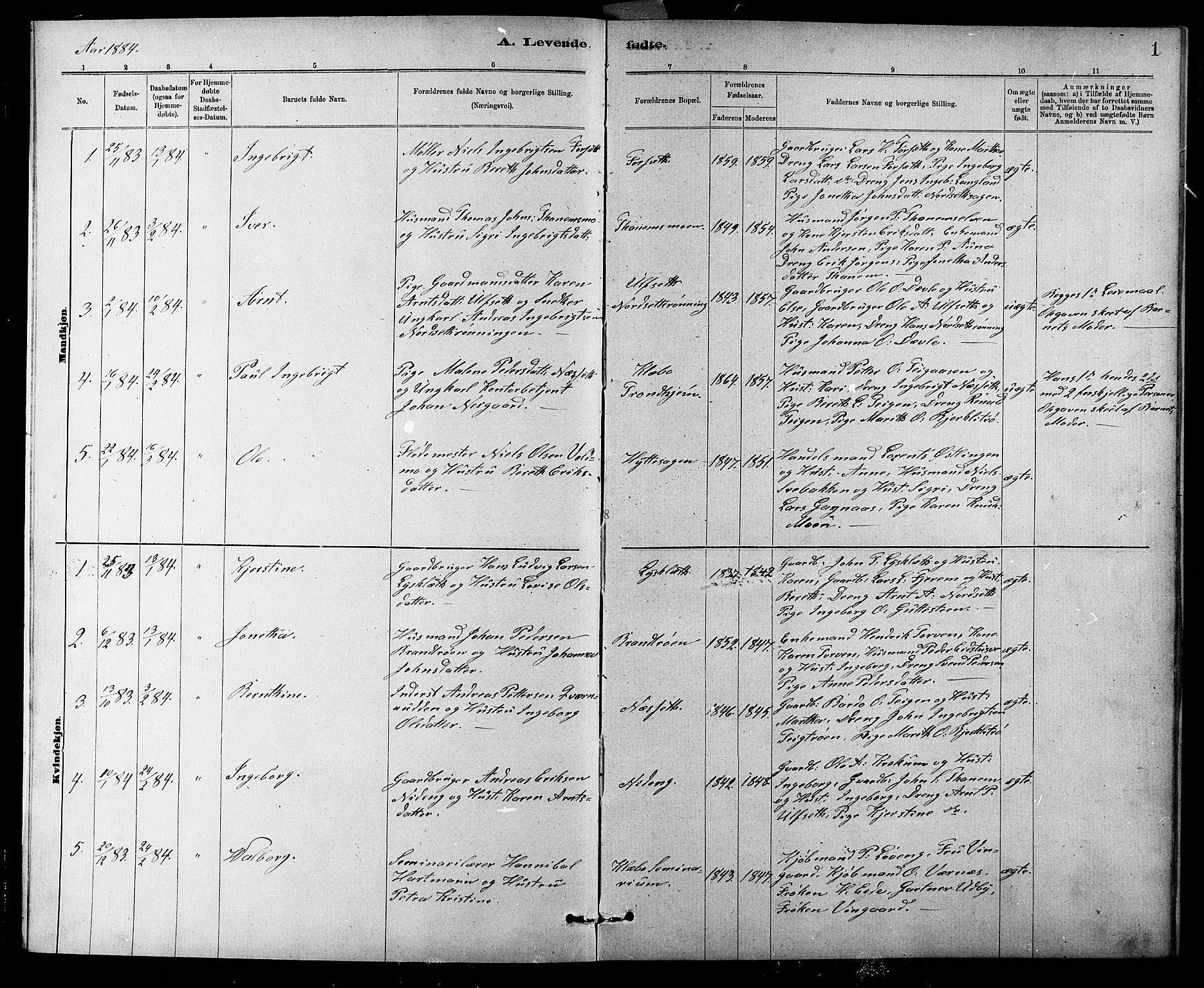 Ministerialprotokoller, klokkerbøker og fødselsregistre - Sør-Trøndelag, AV/SAT-A-1456/618/L0452: Parish register (copy) no. 618C03, 1884-1906, p. 1