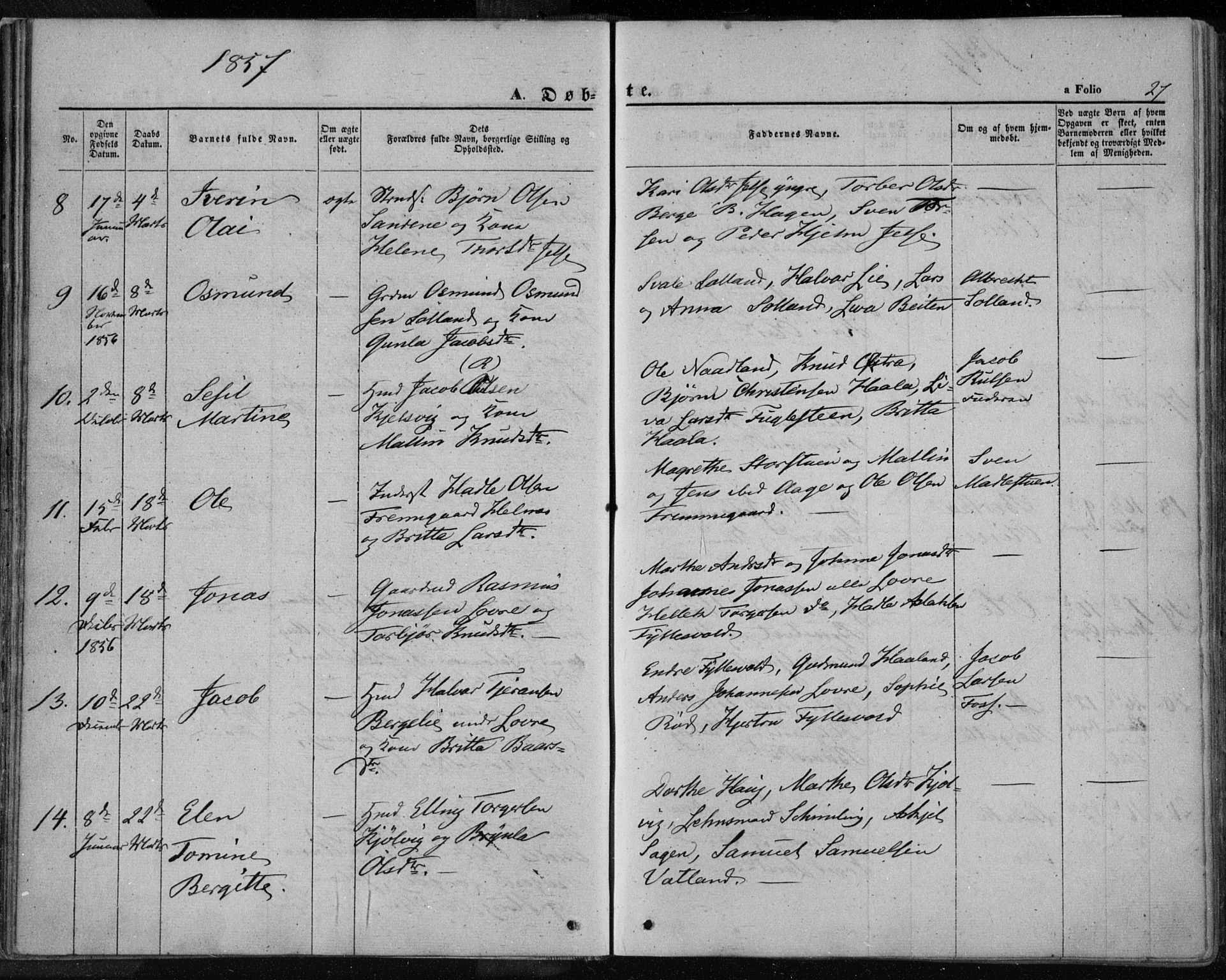 Jelsa sokneprestkontor, AV/SAST-A-101842/01/IV: Parish register (official) no. A 7, 1854-1866, p. 27