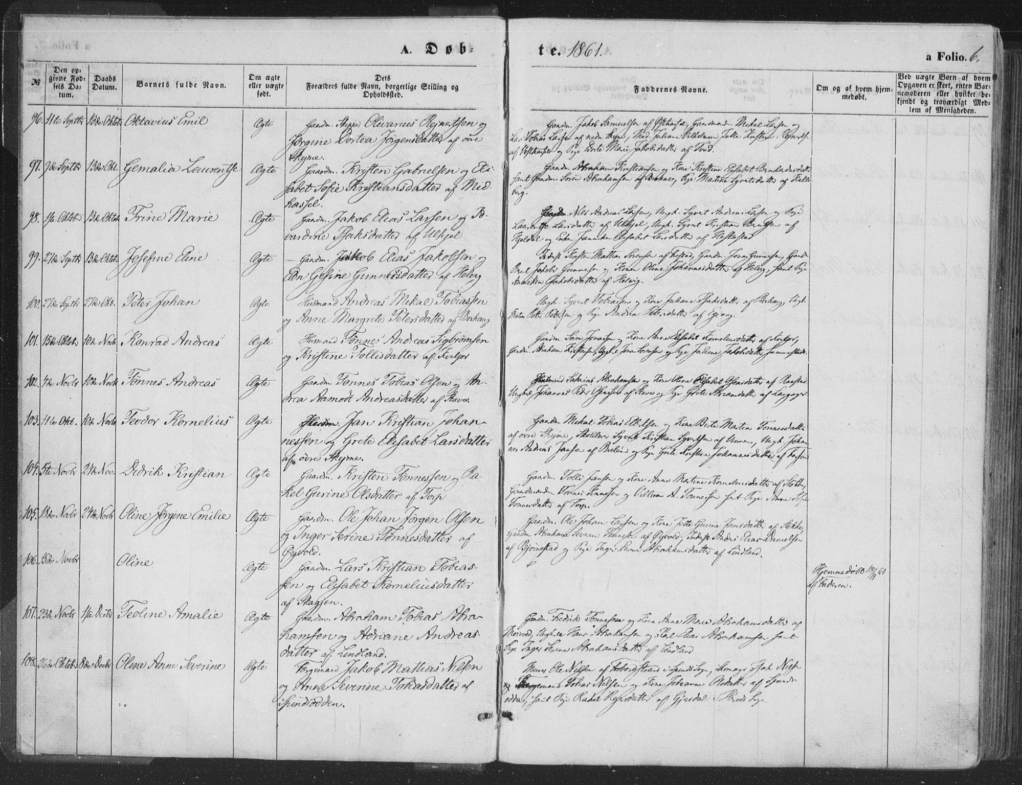 Lista sokneprestkontor, AV/SAK-1111-0027/F/Fa/L0011: Parish register (official) no. A 11, 1861-1878, p. 6