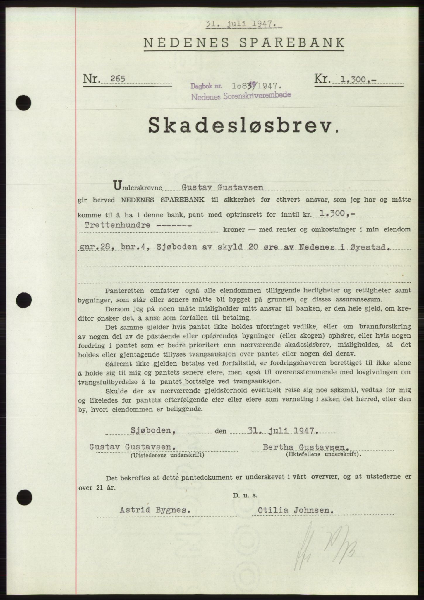 Nedenes sorenskriveri, AV/SAK-1221-0006/G/Gb/Gbb/L0004: Mortgage book no. B4, 1947-1947, Diary no: : 1083/1947