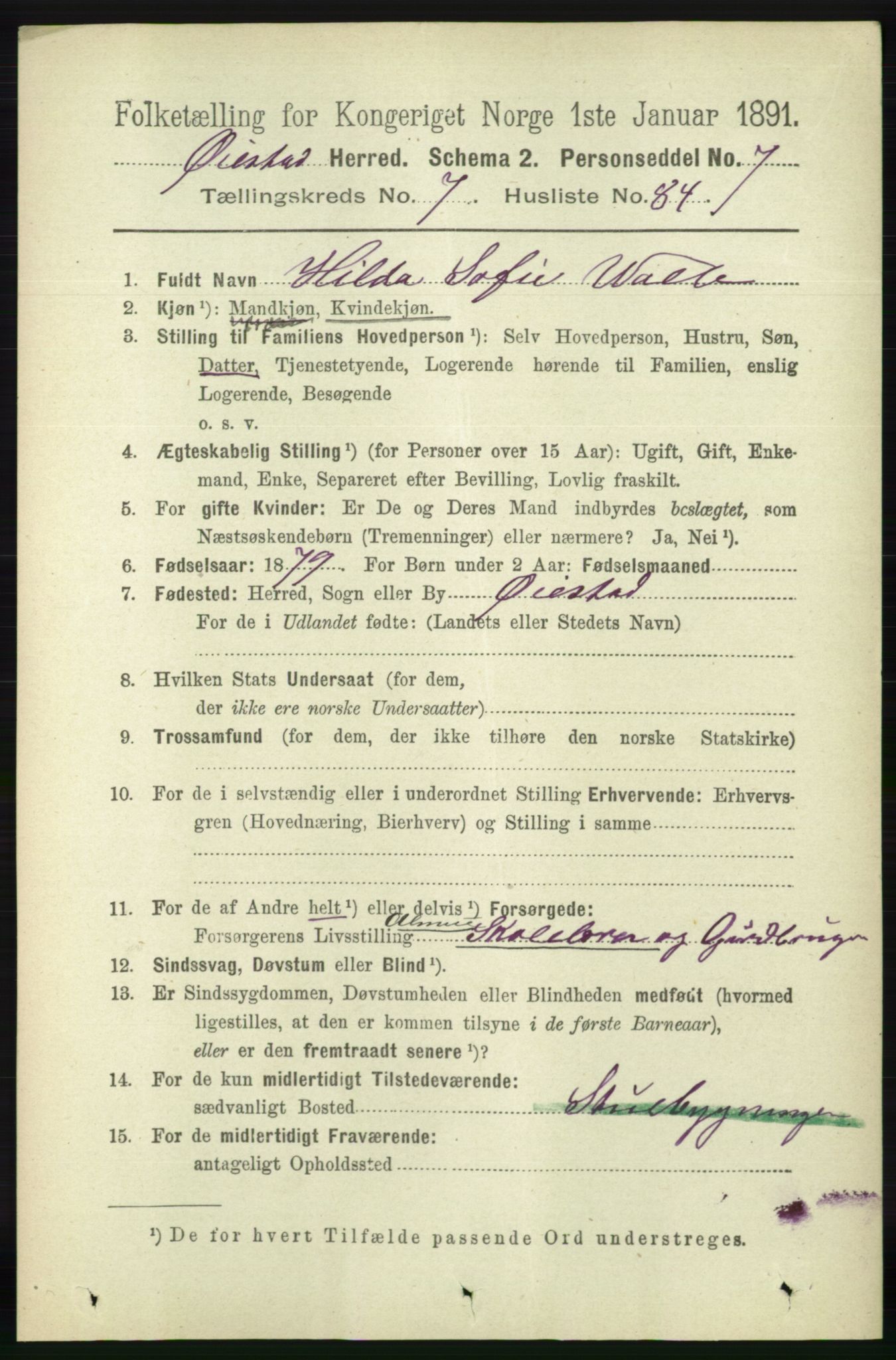 RA, 1891 census for 0920 Øyestad, 1891, p. 3130