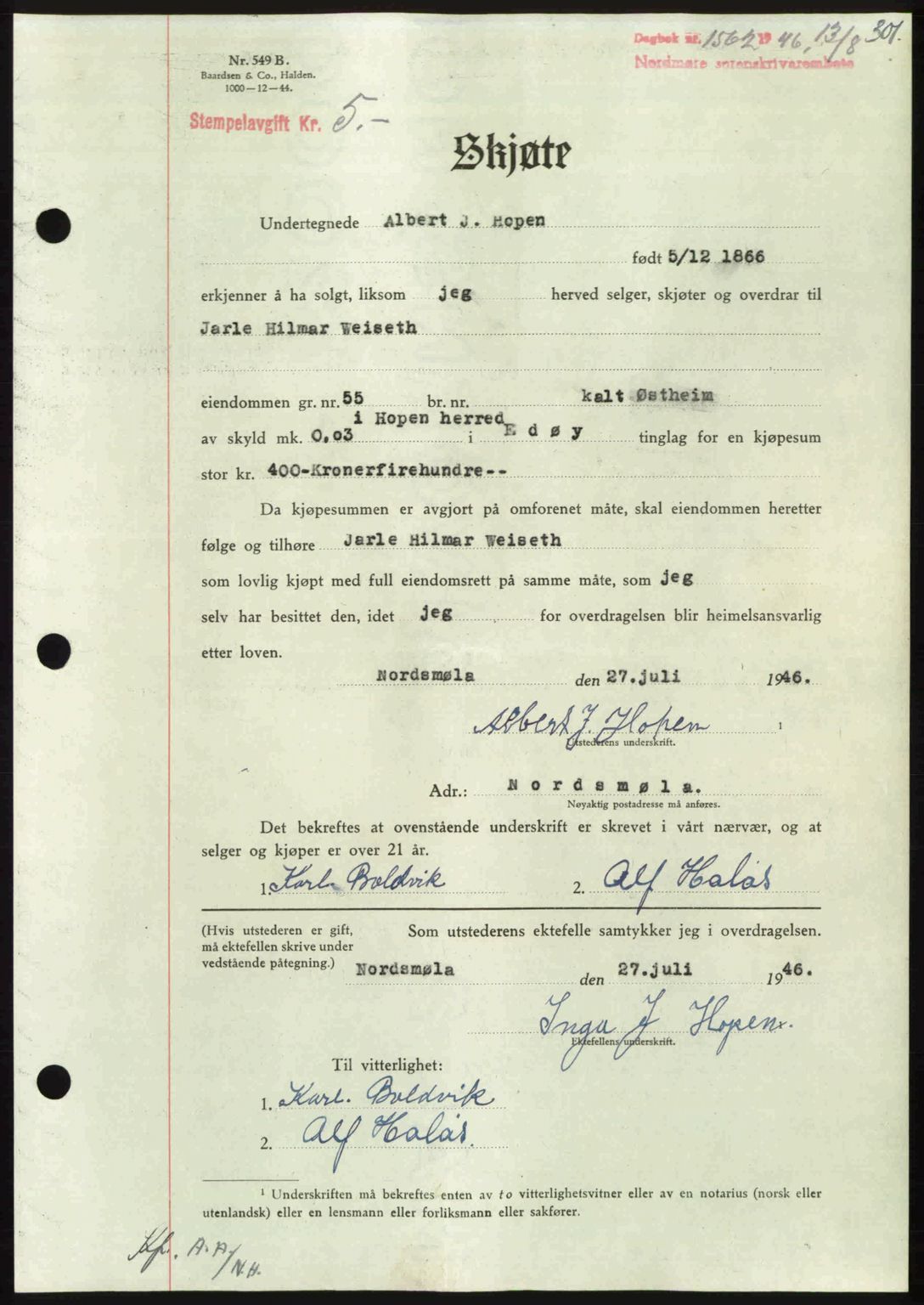 Nordmøre sorenskriveri, AV/SAT-A-4132/1/2/2Ca: Mortgage book no. A102, 1946-1946, Diary no: : 1562/1946