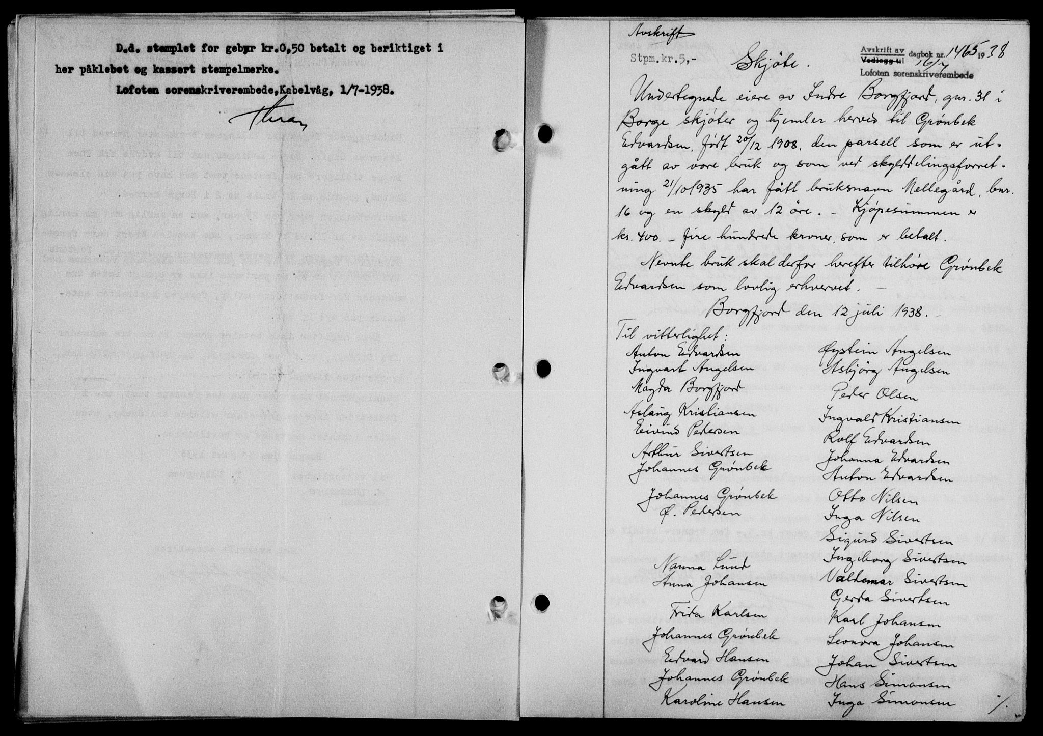 Lofoten sorenskriveri, SAT/A-0017/1/2/2C/L0004a: Mortgage book no. 4a, 1938-1938, Diary no: : 1465/1938