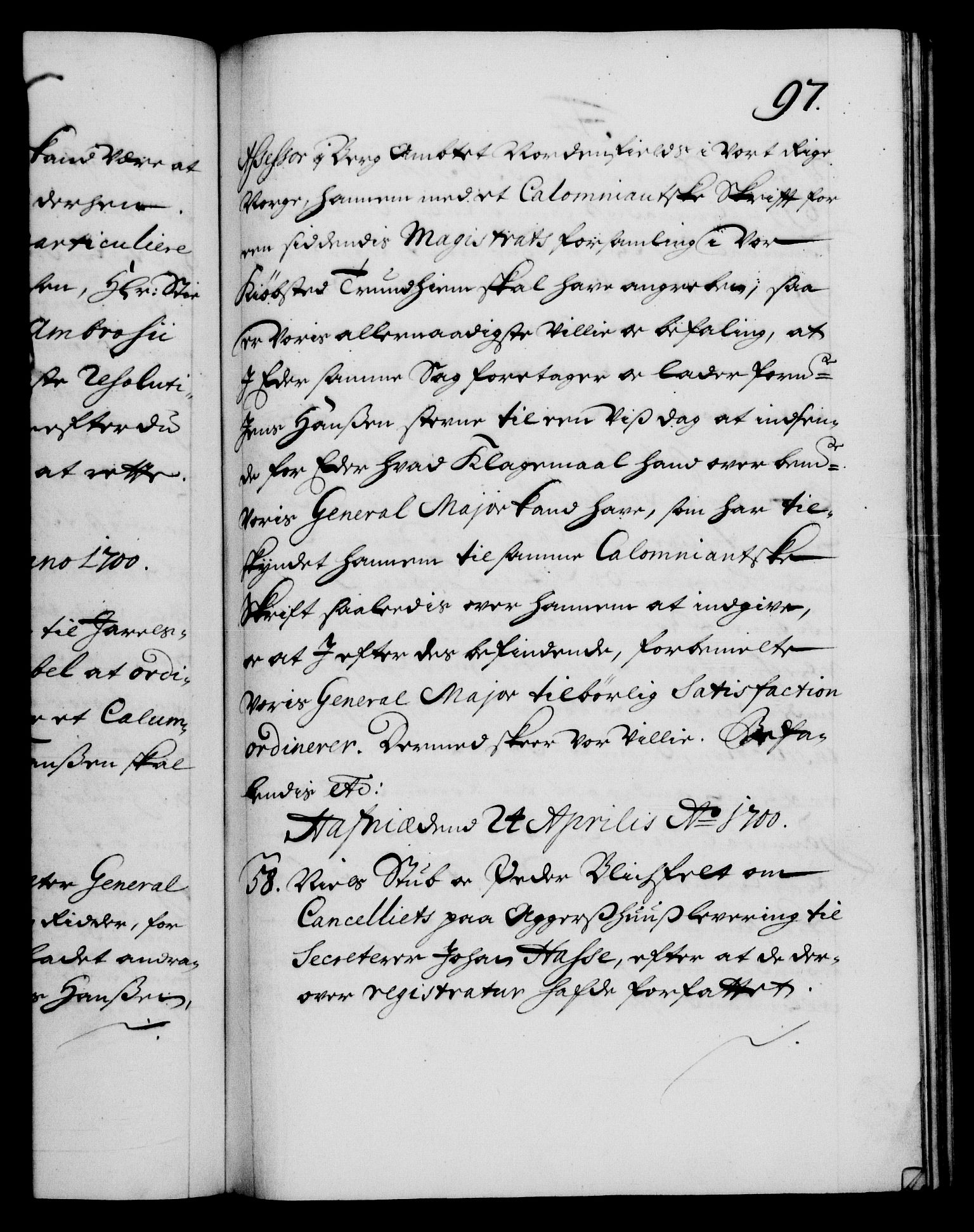Danske Kanselli 1572-1799, AV/RA-EA-3023/F/Fc/Fca/Fcab/L0016: Norske tegnelser, 1699-1703, p. 97a