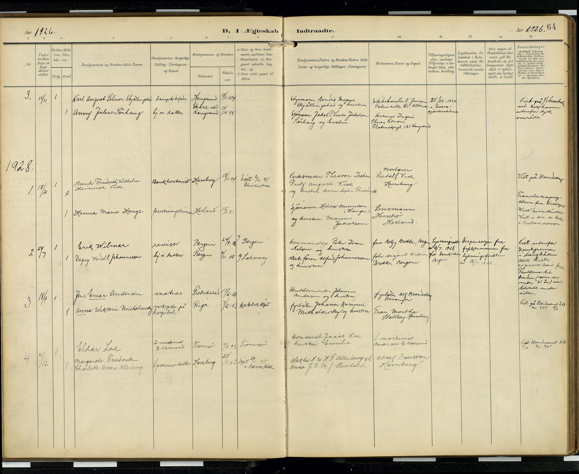 Den norske sjømannsmisjon i utlandet/Hamburg, AV/SAB-SAB/PA-0107/H/Ha/L0001: Parish register (official) no. A 1, 1907-1951, p. 63b-64a