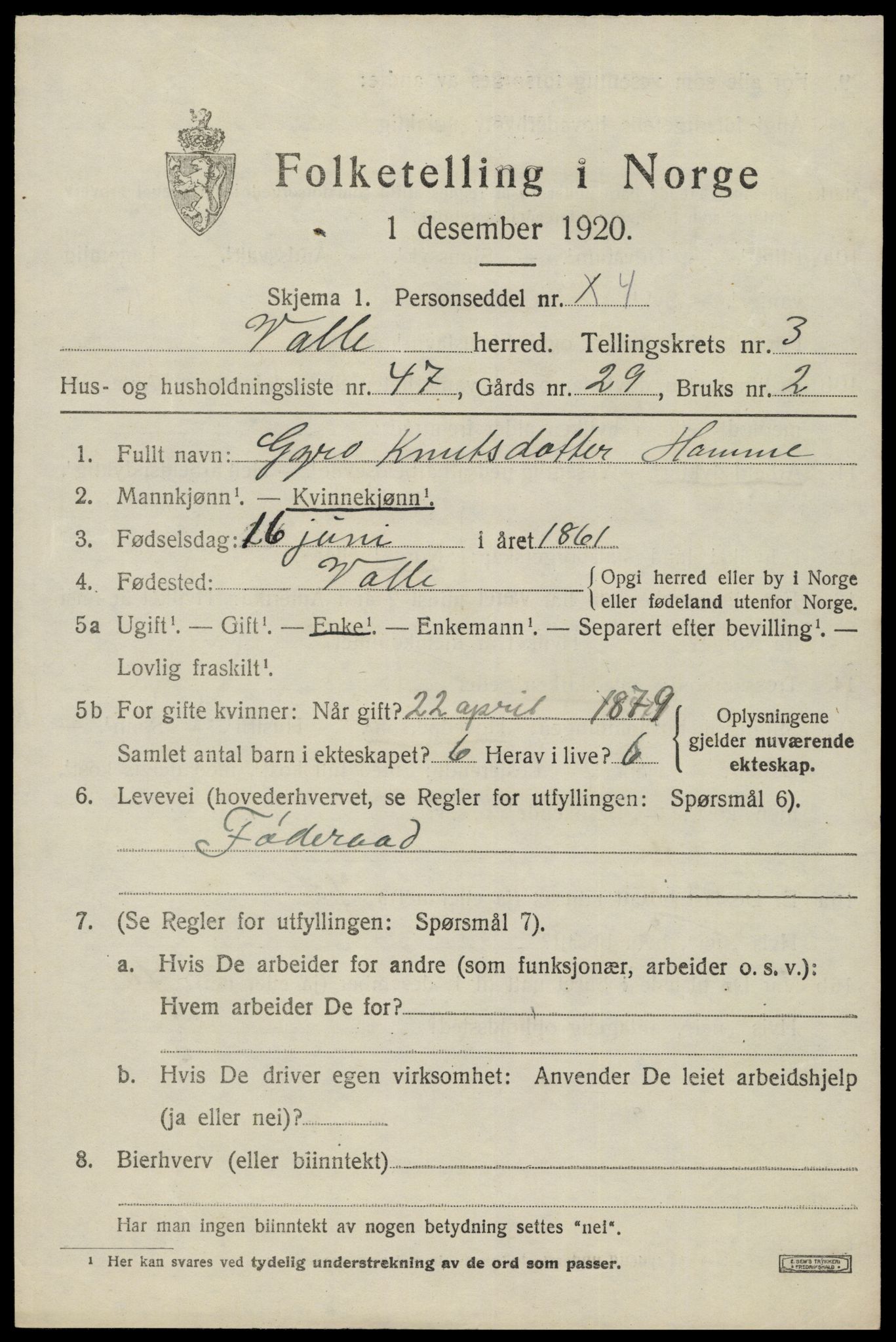 SAK, 1920 census for Valle, 1920, p. 1993