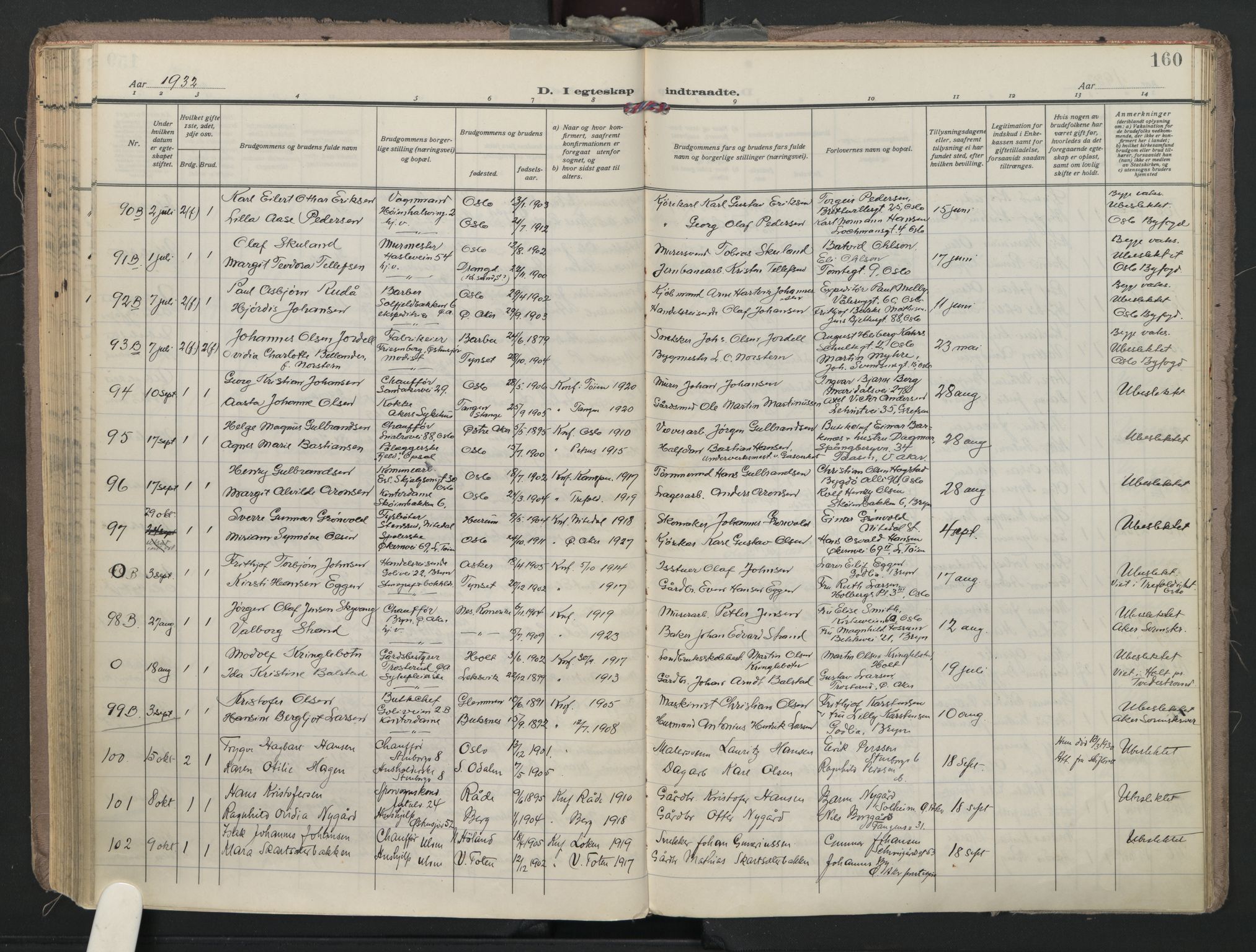 Østre Aker prestekontor Kirkebøker, AV/SAO-A-10840/F/Fa/L0014: Parish register (official) no. I 14, 1926-1936, p. 160