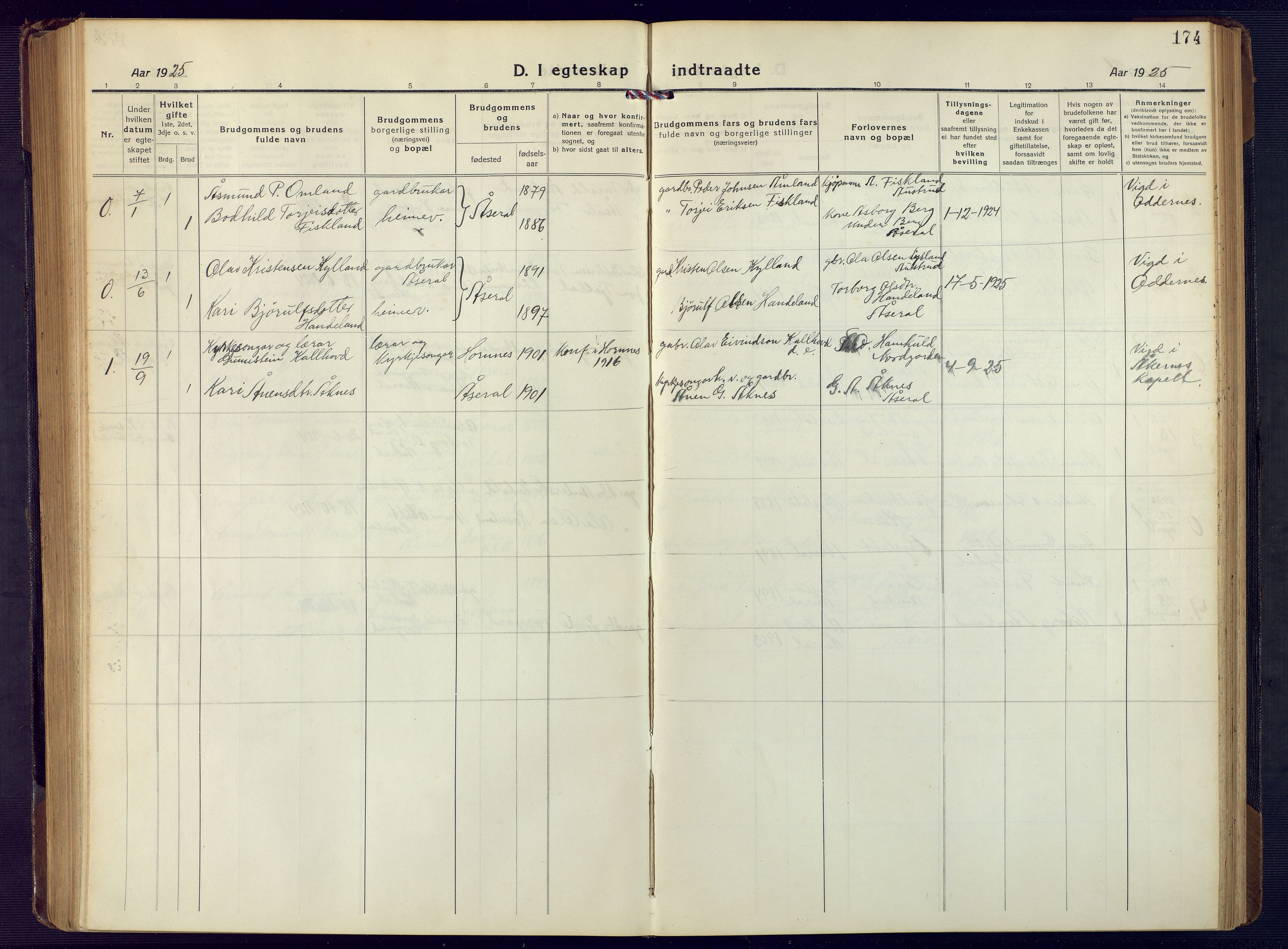 Åseral sokneprestkontor, SAK/1111-0051/F/Fb/L0004: Parish register (copy) no. B 4, 1920-1946, p. 174