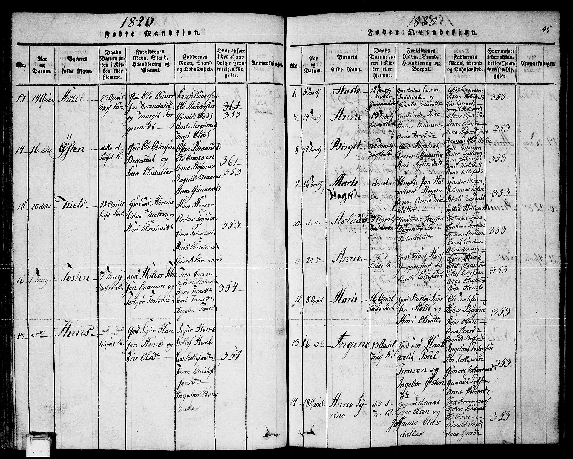 Sauherad kirkebøker, AV/SAKO-A-298/F/Fa/L0005: Parish register (official) no. I 5, 1815-1829, p. 45