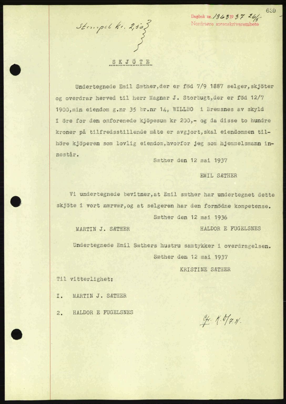 Nordmøre sorenskriveri, AV/SAT-A-4132/1/2/2Ca: Mortgage book no. A81, 1937-1937, Diary no: : 1363/1937