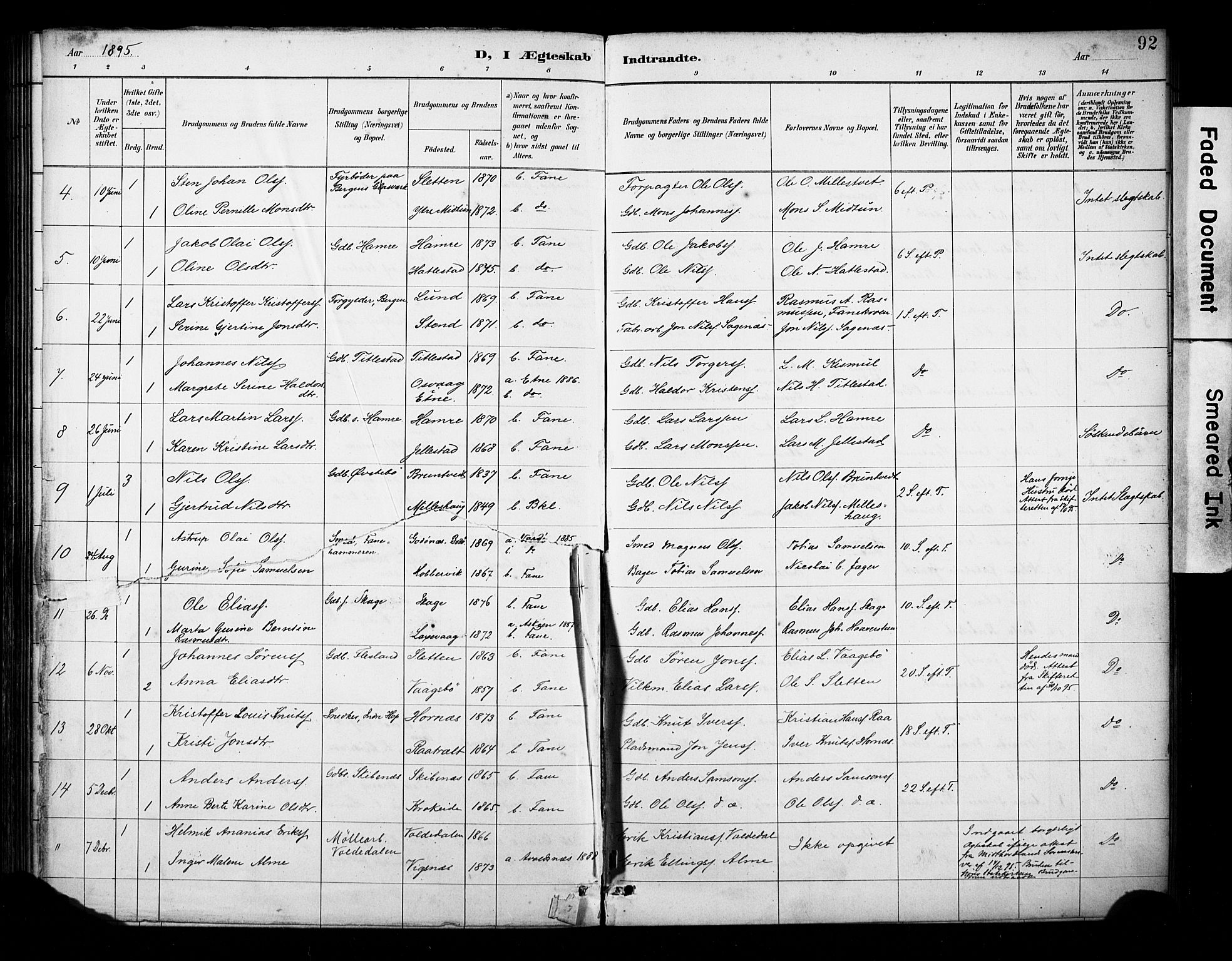 Fana Sokneprestembete, AV/SAB-A-75101/H/Haa/Haab/L0002: Parish register (official) no. B 2, 1890-1897, p. 92