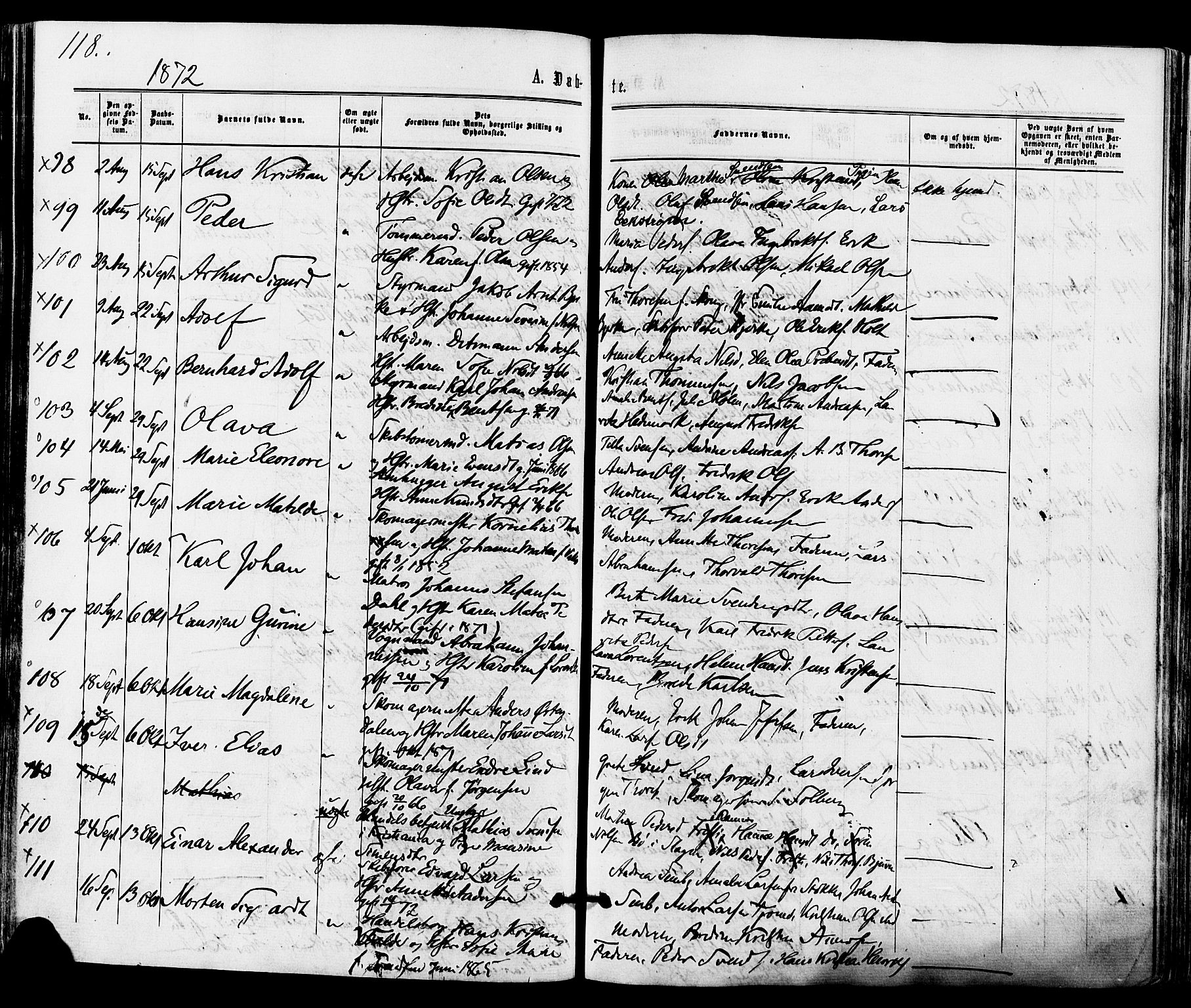 Tønsberg kirkebøker, AV/SAKO-A-330/F/Fa/L0009: Parish register (official) no. I 9, 1865-1873, p. 118