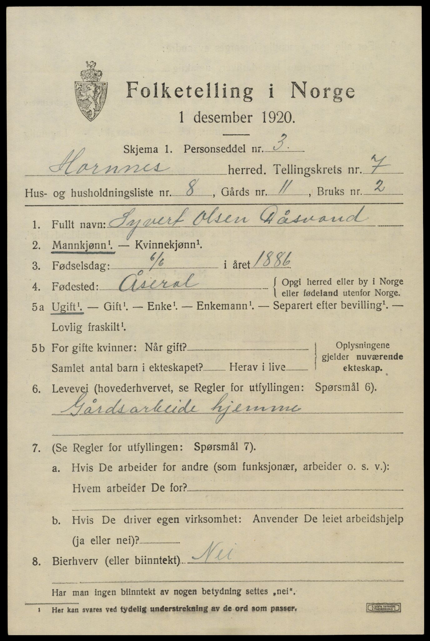 SAK, 1920 census for Hornnes, 1920, p. 1741