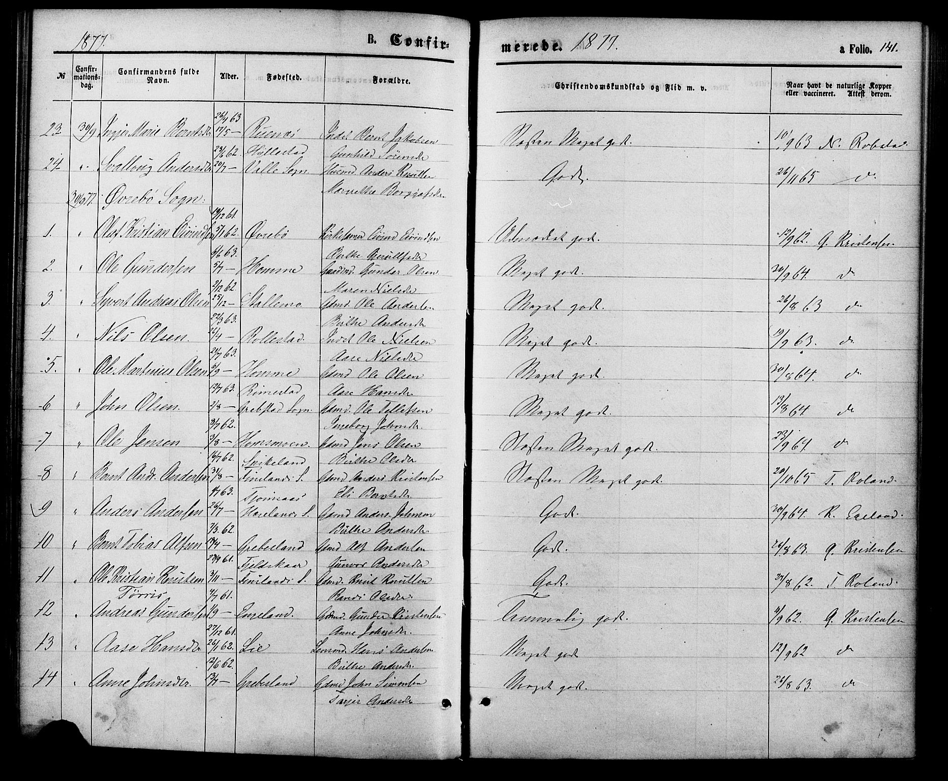 Vennesla sokneprestkontor, AV/SAK-1111-0045/Fa/Fac/L0008: Parish register (official) no. A 8, 1874-1883, p. 141