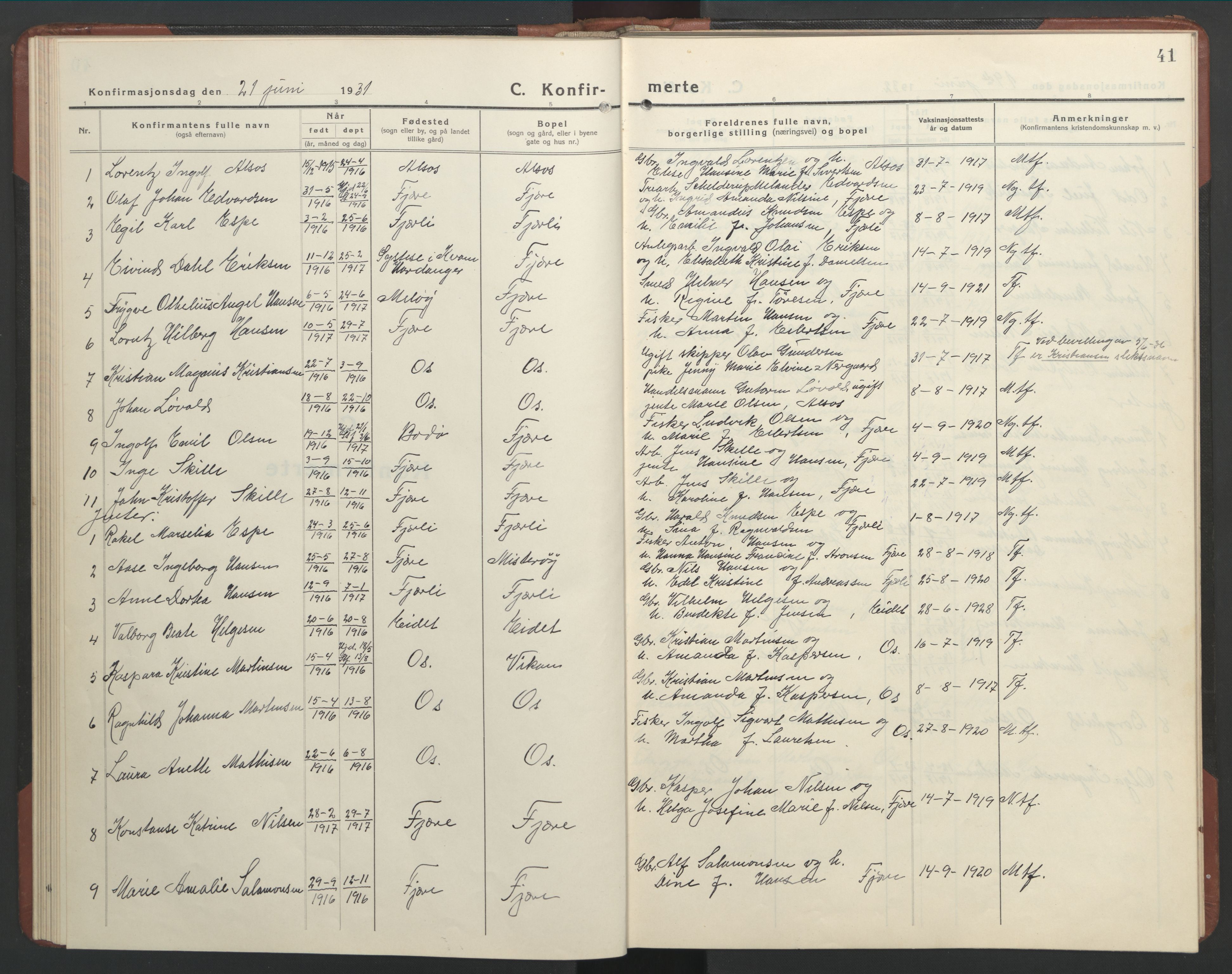 Ministerialprotokoller, klokkerbøker og fødselsregistre - Nordland, SAT/A-1459/803/L0078: Parish register (copy) no. 803C05, 1931-1952, p. 41