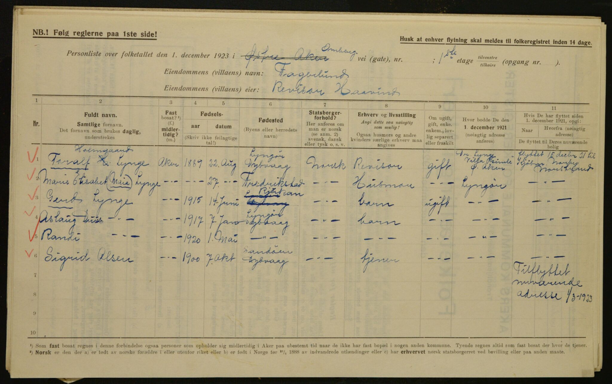 , Municipal Census 1923 for Aker, 1923, p. 1691