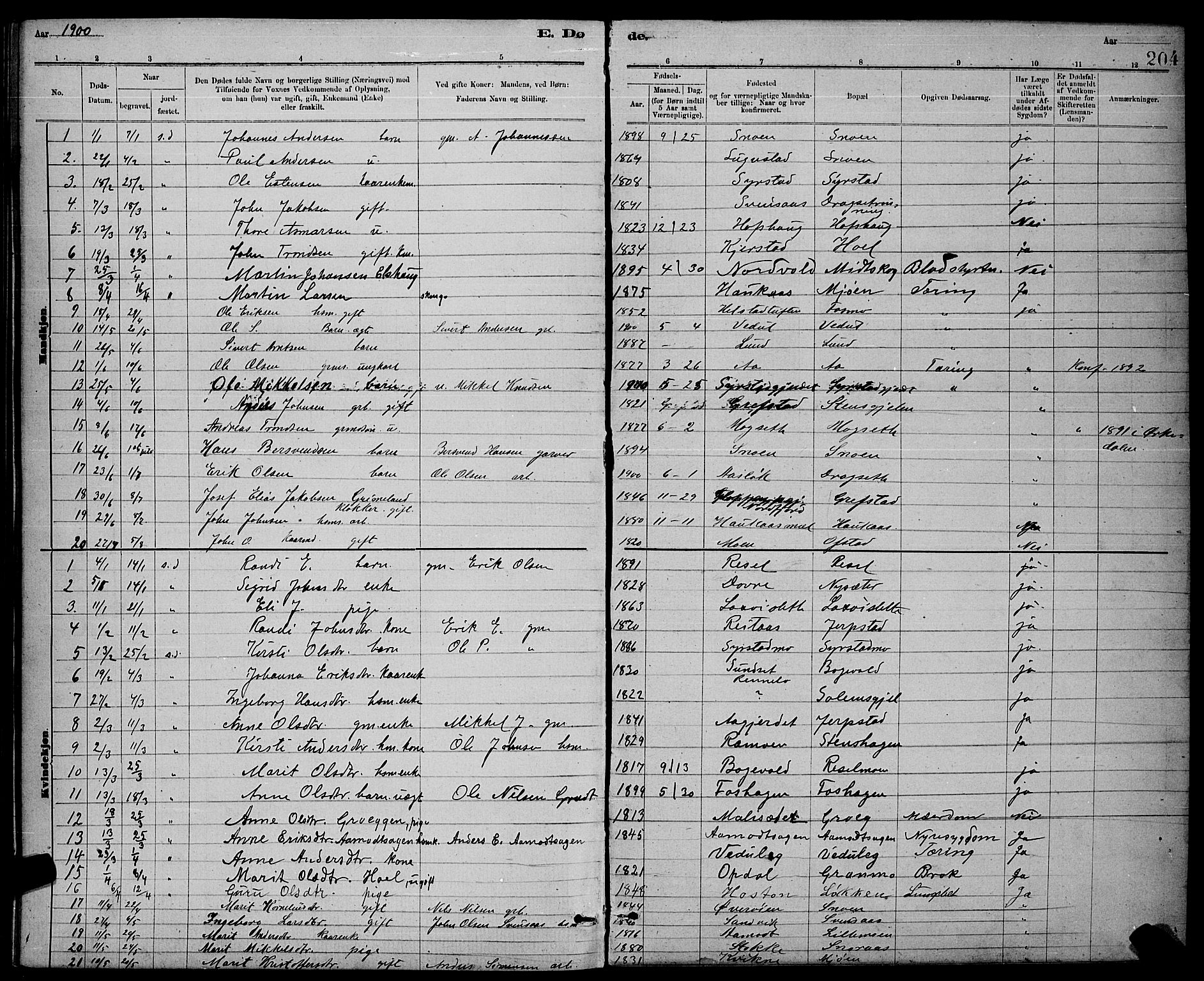 Ministerialprotokoller, klokkerbøker og fødselsregistre - Sør-Trøndelag, SAT/A-1456/672/L0863: Parish register (copy) no. 672C02, 1888-1901, p. 204