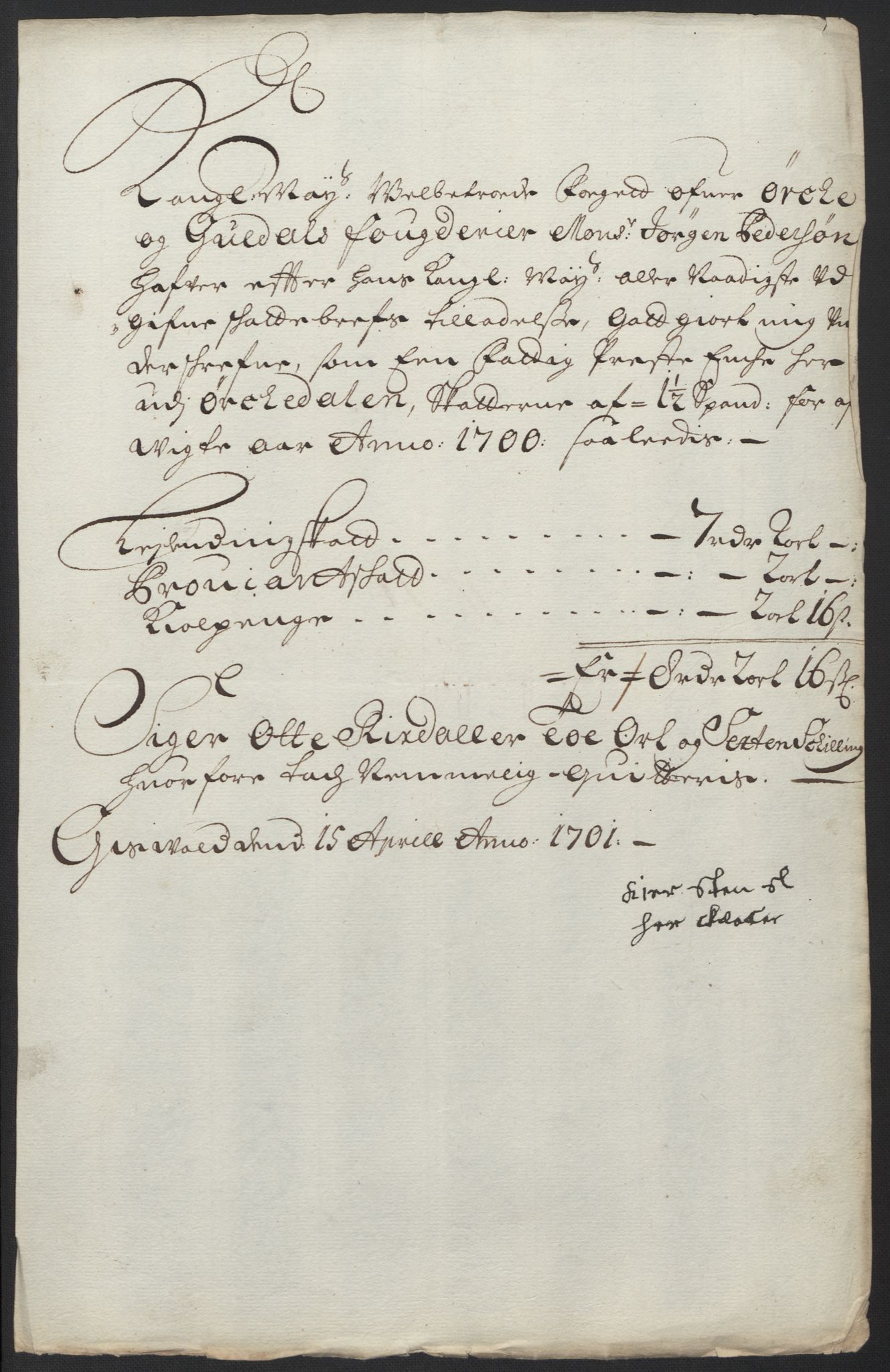 Rentekammeret inntil 1814, Reviderte regnskaper, Fogderegnskap, AV/RA-EA-4092/R60/L3950: Fogderegnskap Orkdal og Gauldal, 1700, p. 186