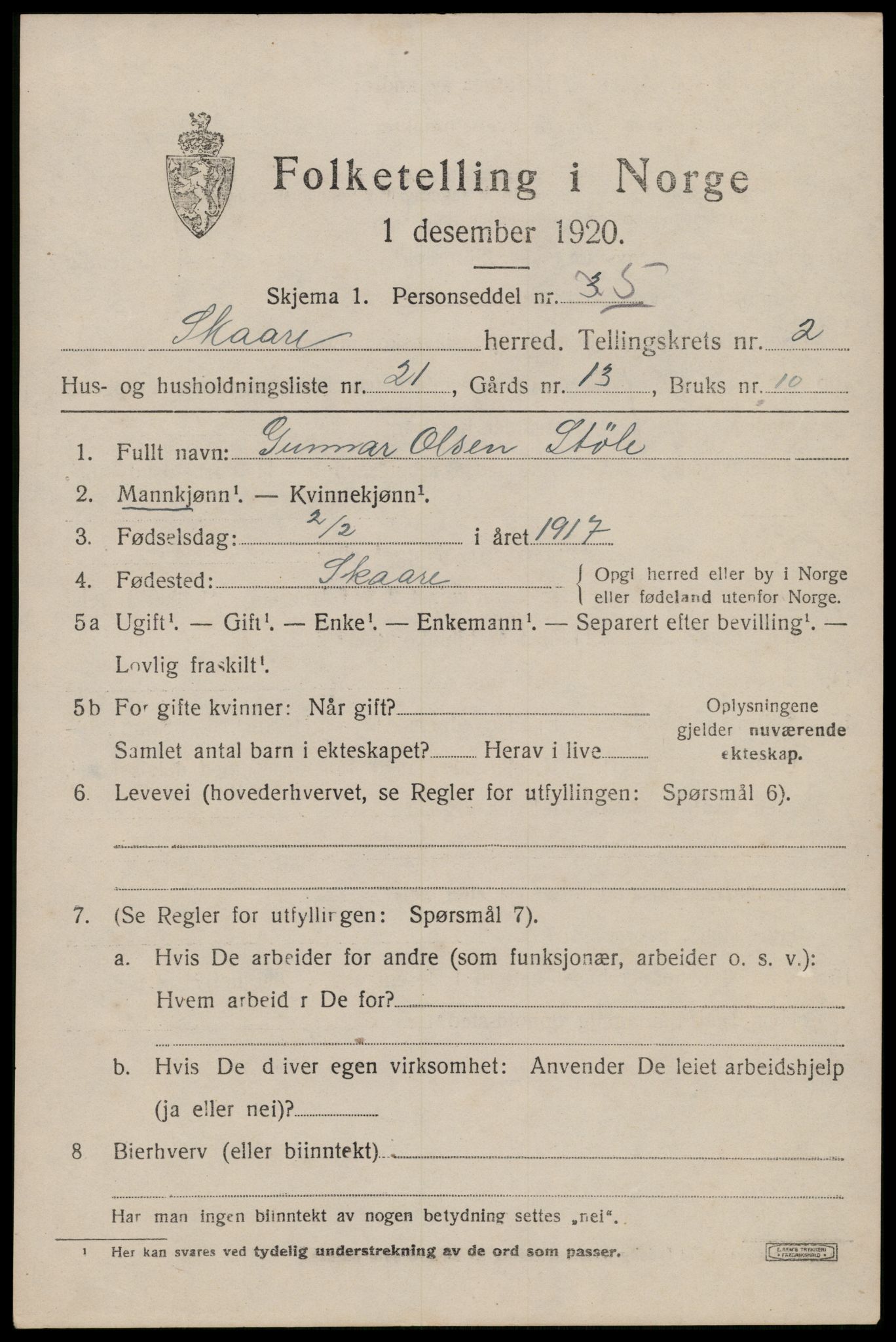 SAST, 1920 census for Skåre, 1920, p. 1466