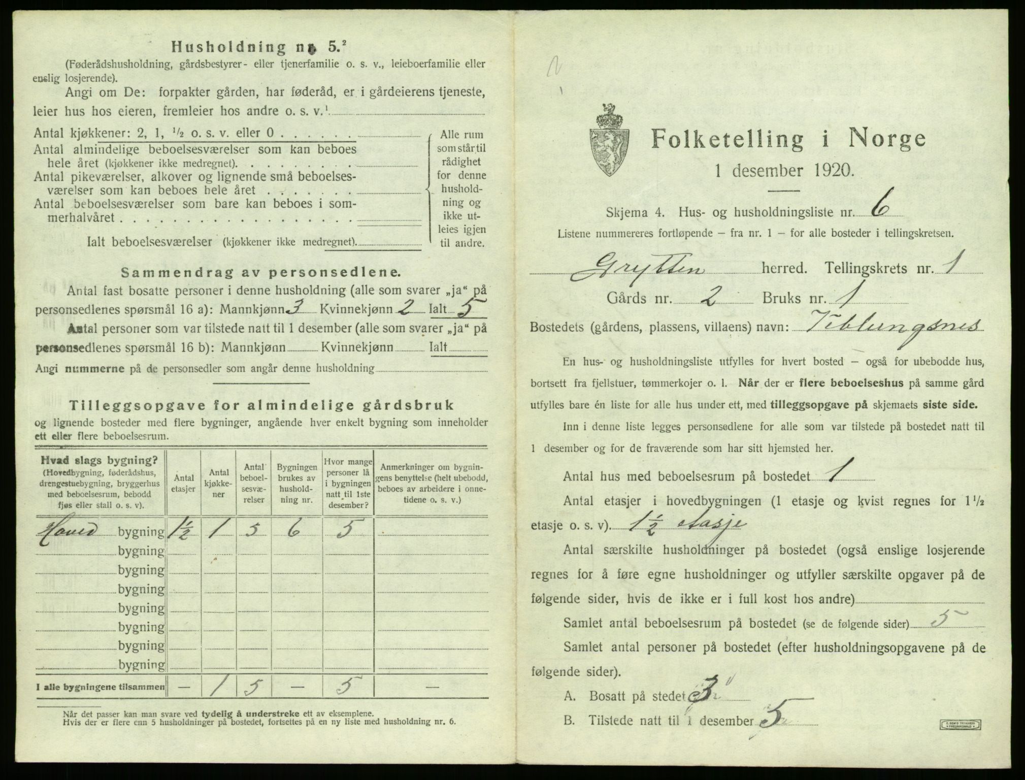 SAT, 1920 census for Grytten, 1920, p. 44