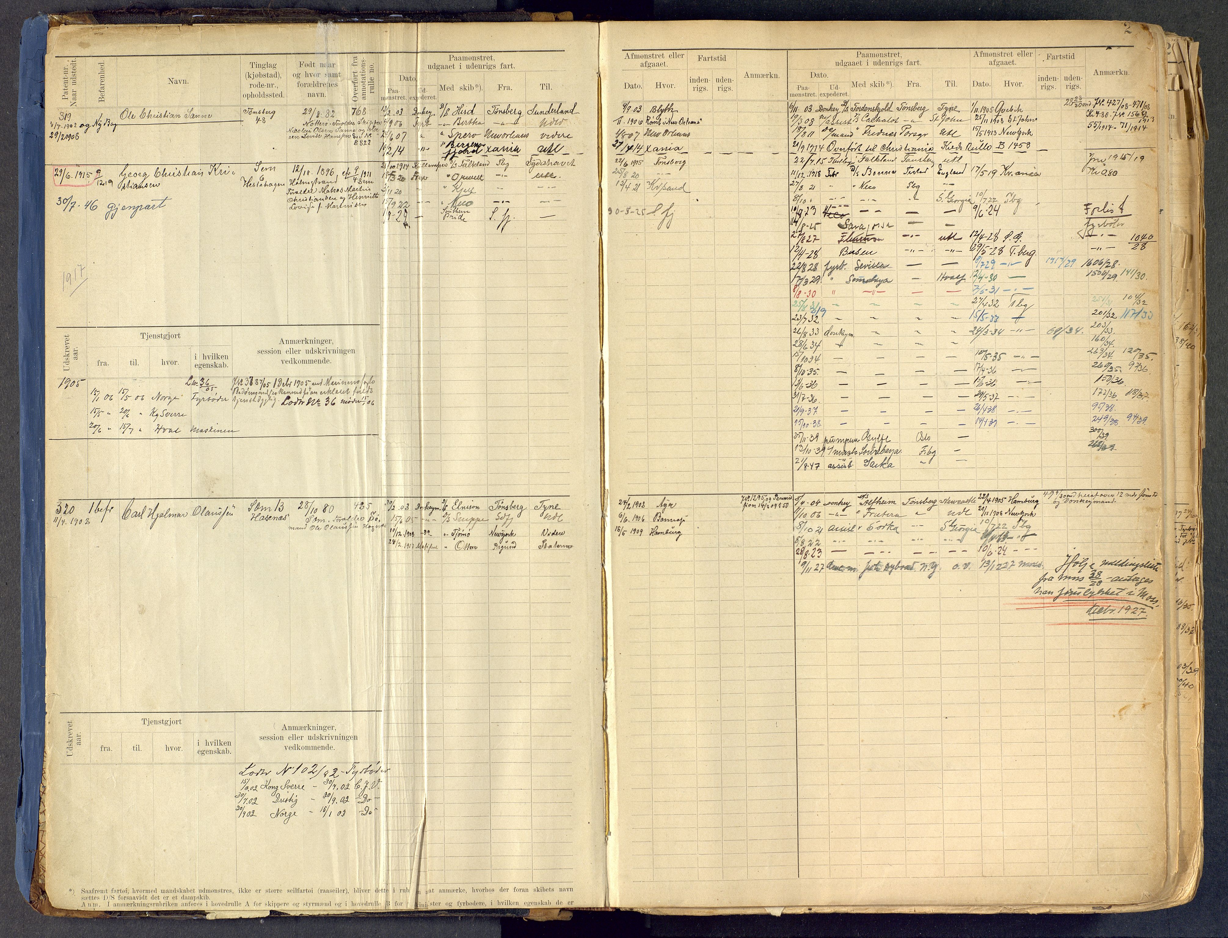 Tønsberg innrulleringskontor, AV/SAKO-A-786/F/Fe/L0002: Maskinist- og fyrbøterrulle Patent nr. 315-1110, 1902-1924, p. 2