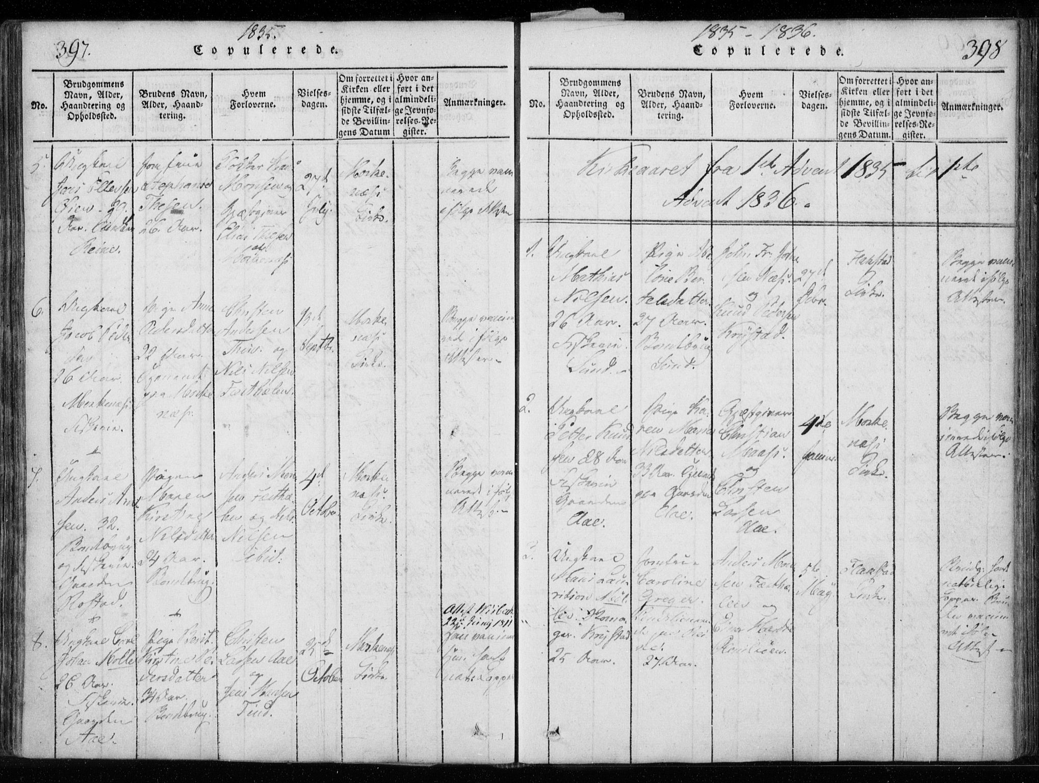 Ministerialprotokoller, klokkerbøker og fødselsregistre - Nordland, AV/SAT-A-1459/885/L1201: Parish register (official) no. 885A02, 1820-1837, p. 397-398