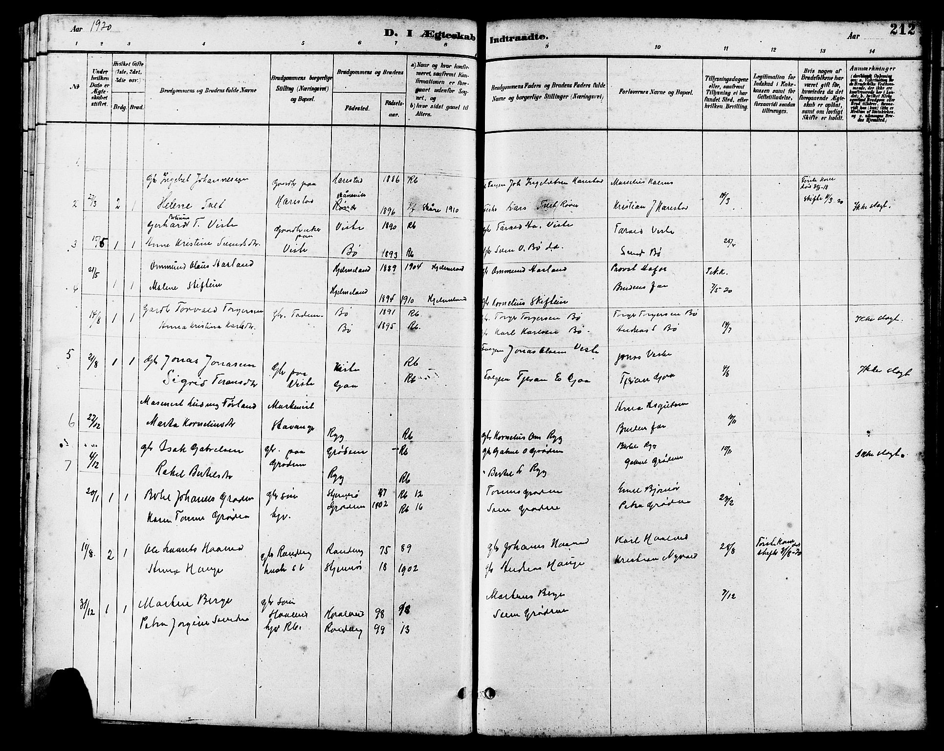 Hetland sokneprestkontor, SAST/A-101826/30/30BB/L0006: Parish register (copy) no. B 6, 1878-1921, p. 212