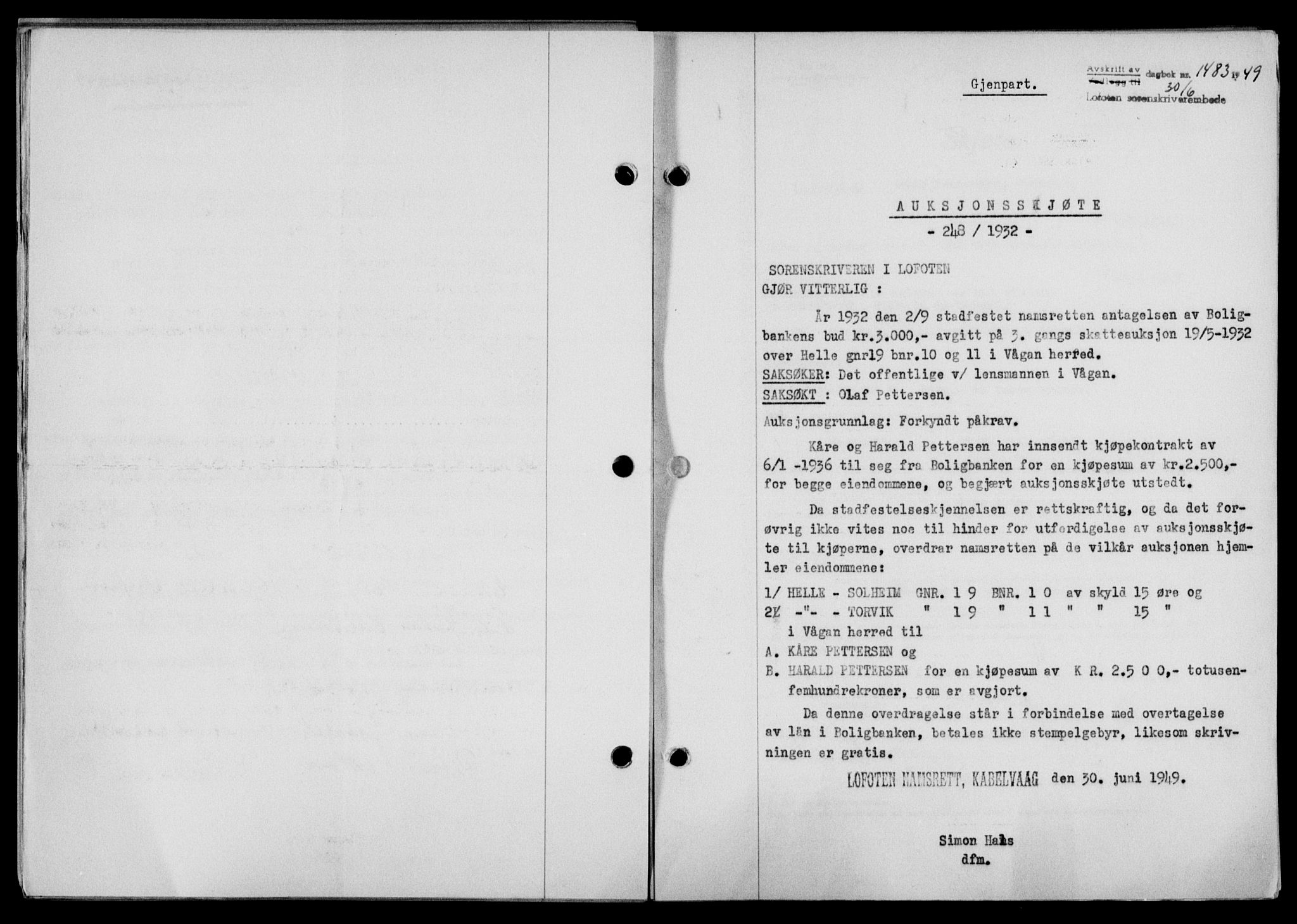 Lofoten sorenskriveri, SAT/A-0017/1/2/2C/L0021a: Mortgage book no. 21a, 1949-1949, Diary no: : 1483/1949