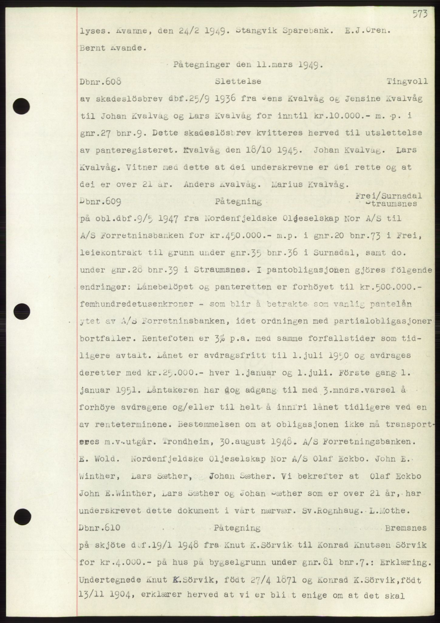 Nordmøre sorenskriveri, SAT/A-4132/1/2/2Ca: Mortgage book no. C82b, 1946-1951, Diary no: : 608/1949
