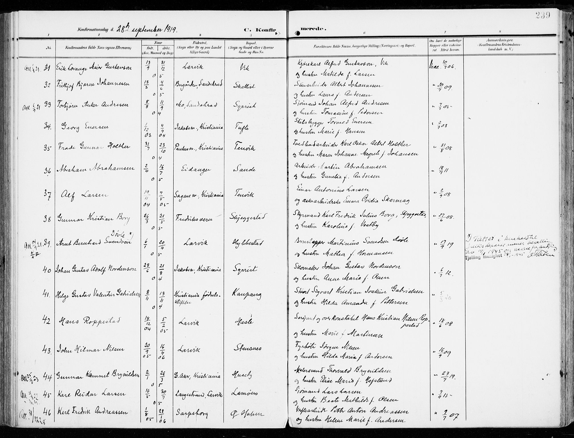 Tjølling kirkebøker, AV/SAKO-A-60/F/Fa/L0010: Parish register (official) no. 10, 1906-1923, p. 239