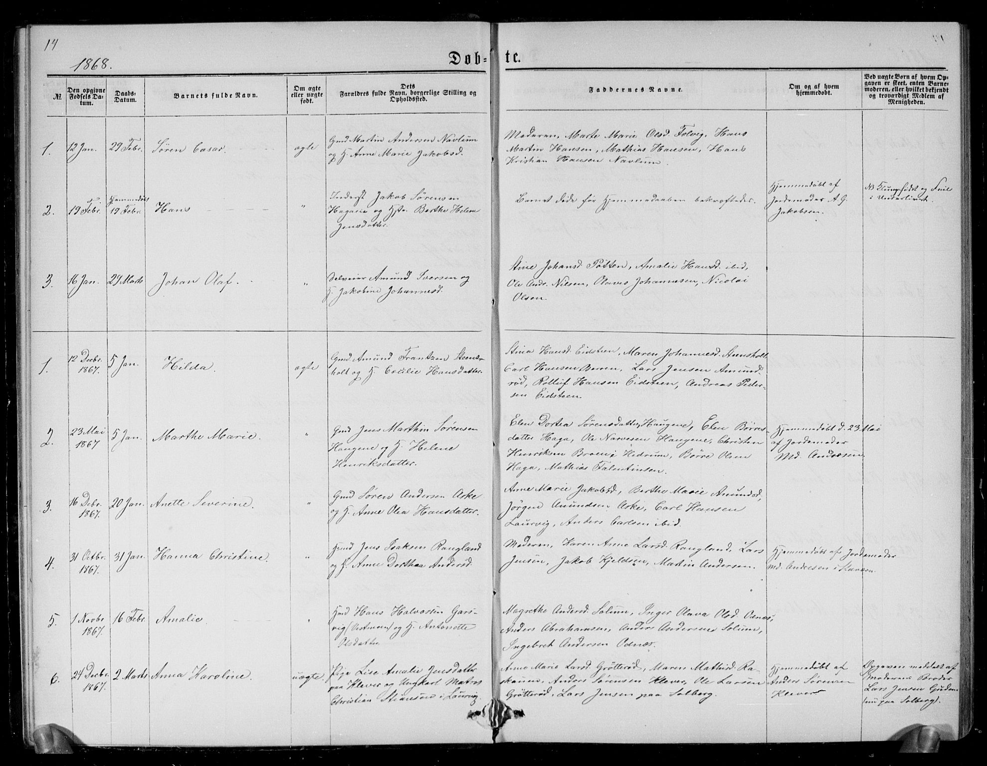 Brunlanes kirkebøker, SAKO/A-342/G/Ga/L0002: Parish register (copy) no. I 2, 1866-1876, p. 14