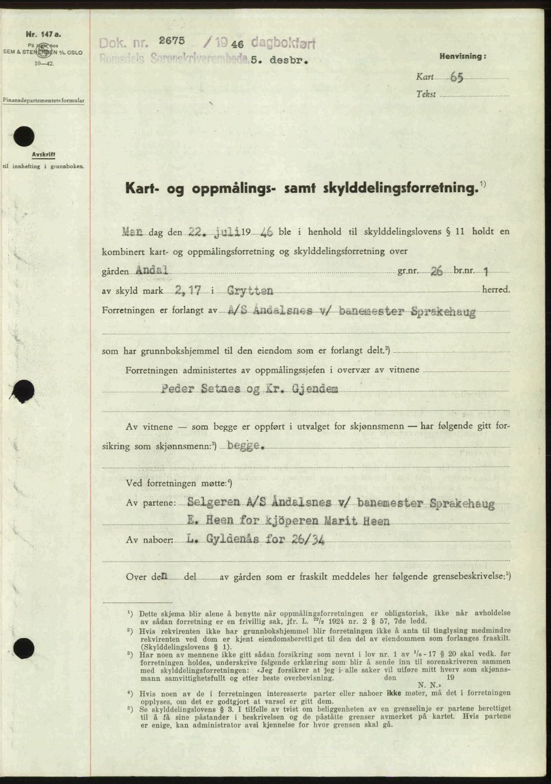 Romsdal sorenskriveri, AV/SAT-A-4149/1/2/2C: Mortgage book no. A21, 1946-1946, Diary no: : 2675/1946