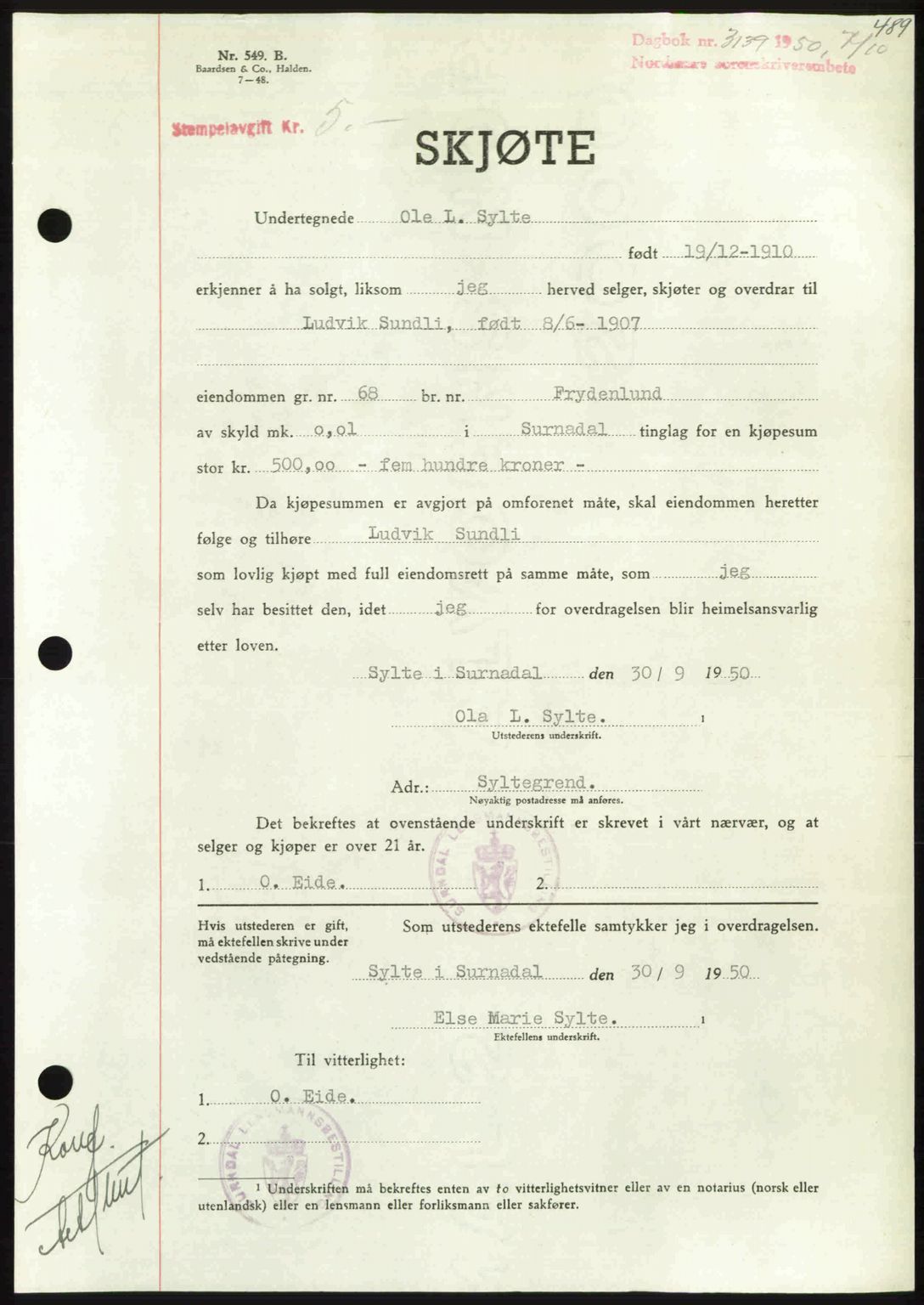 Nordmøre sorenskriveri, AV/SAT-A-4132/1/2/2Ca: Mortgage book no. A116, 1950-1950, Diary no: : 3139/1950