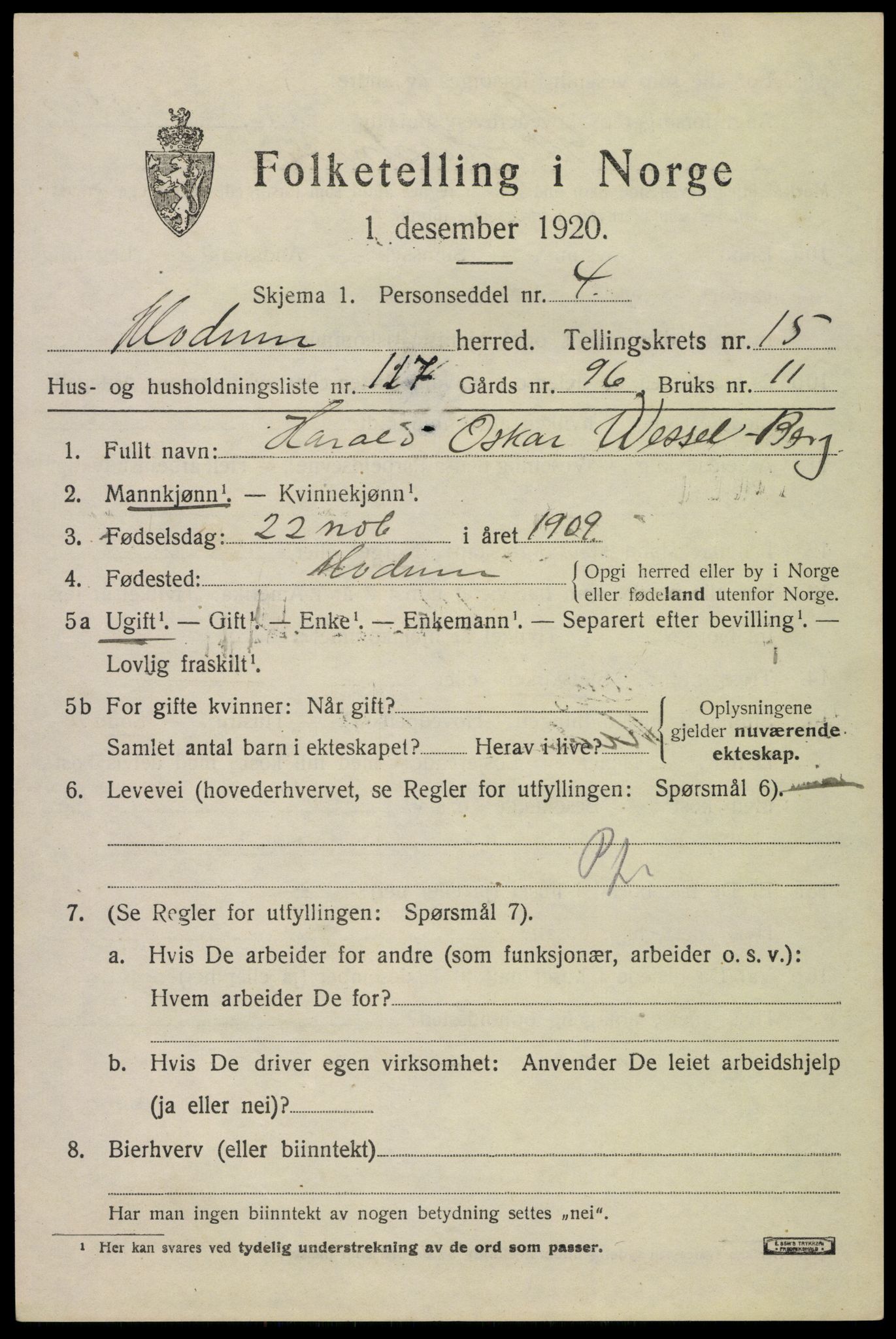 SAKO, 1920 census for Modum, 1920, p. 19409