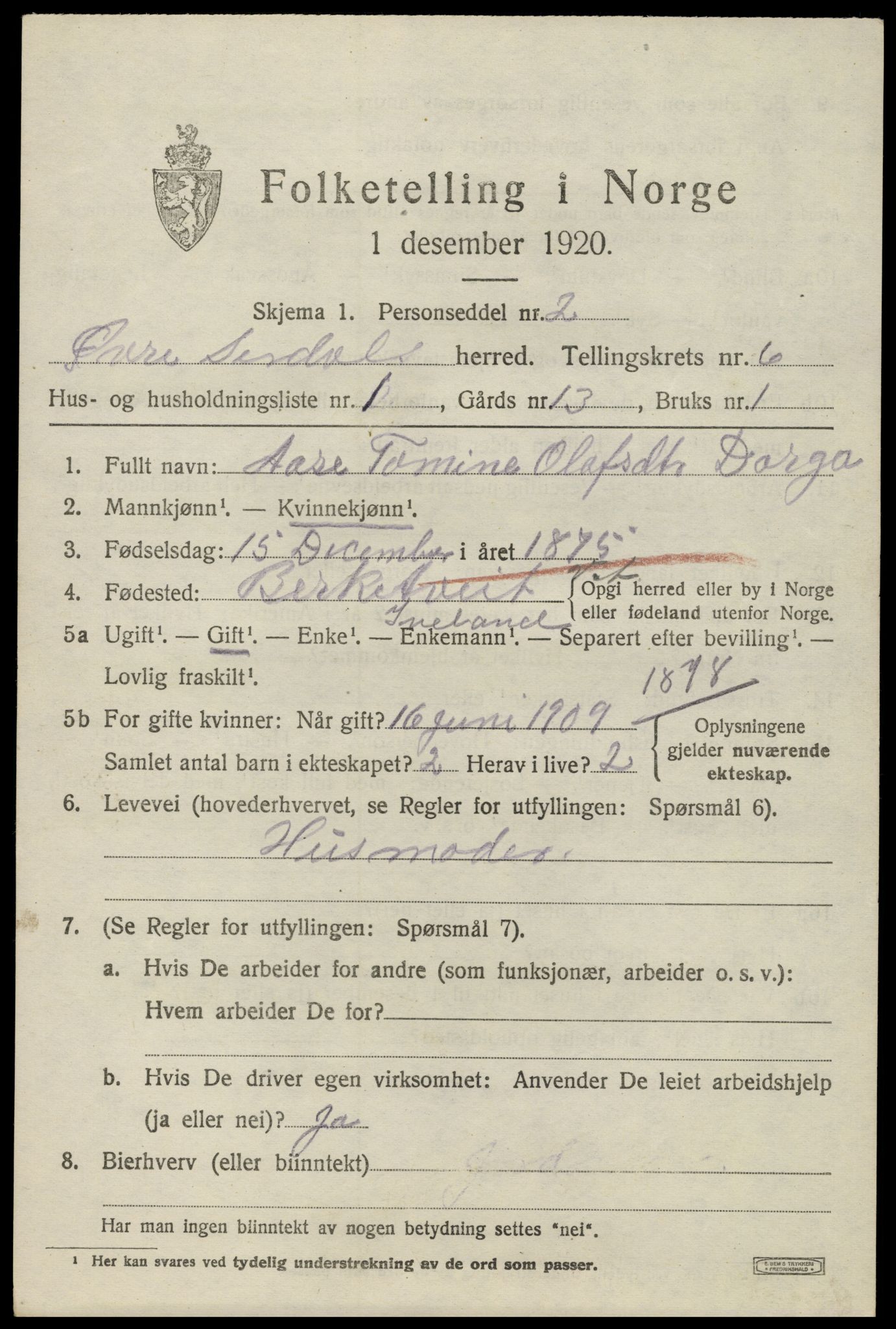 SAK, 1920 census for Øvre Sirdal, 1920, p. 1045