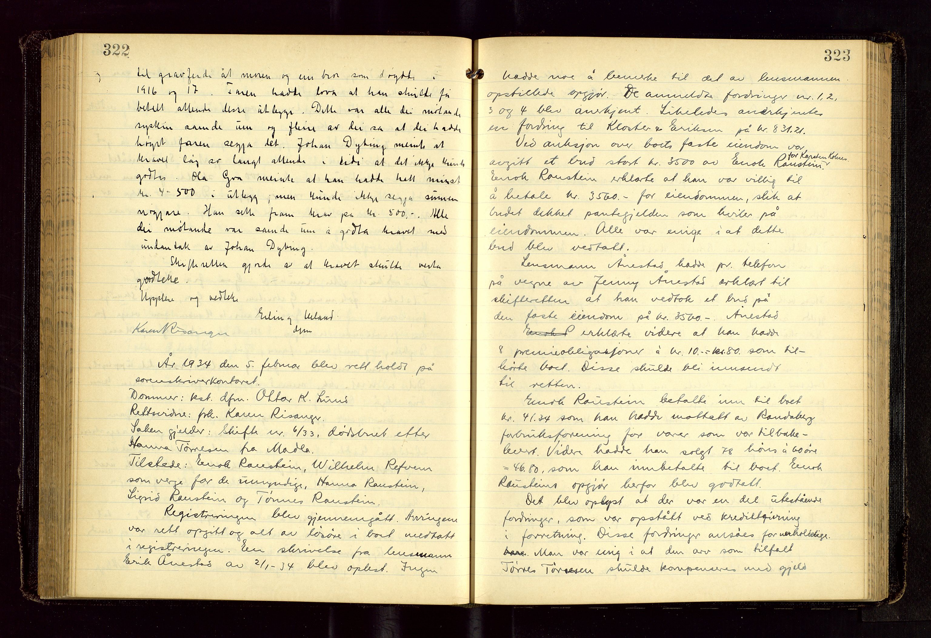 Jæren sorenskriveri, AV/SAST-A-100310/01/5/53/53BA/L0006: SKIFTEFORHANDLINGSPROTOKOLL, 1931-1935, p. 322-323