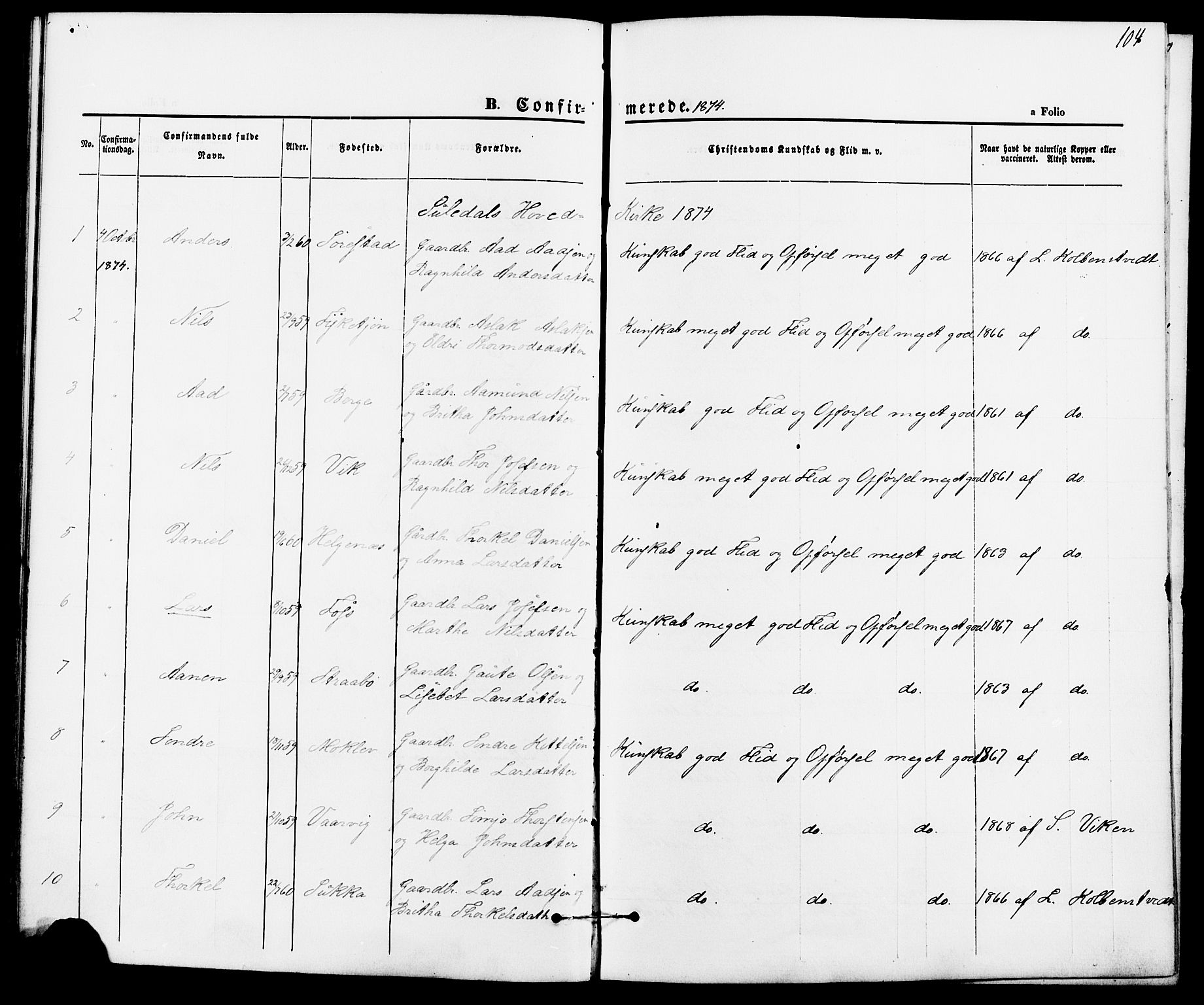 Suldal sokneprestkontor, AV/SAST-A-101845/01/IV/L0010: Parish register (official) no. A 10, 1869-1878, p. 104