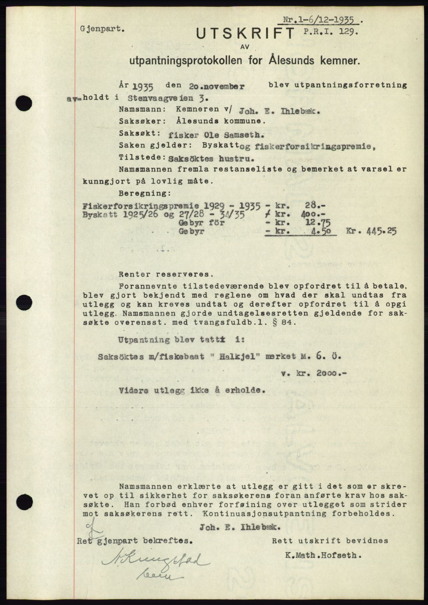 Ålesund byfogd, AV/SAT-A-4384: Mortgage book no. 32, 1934-1935, Deed date: 06.12.1935