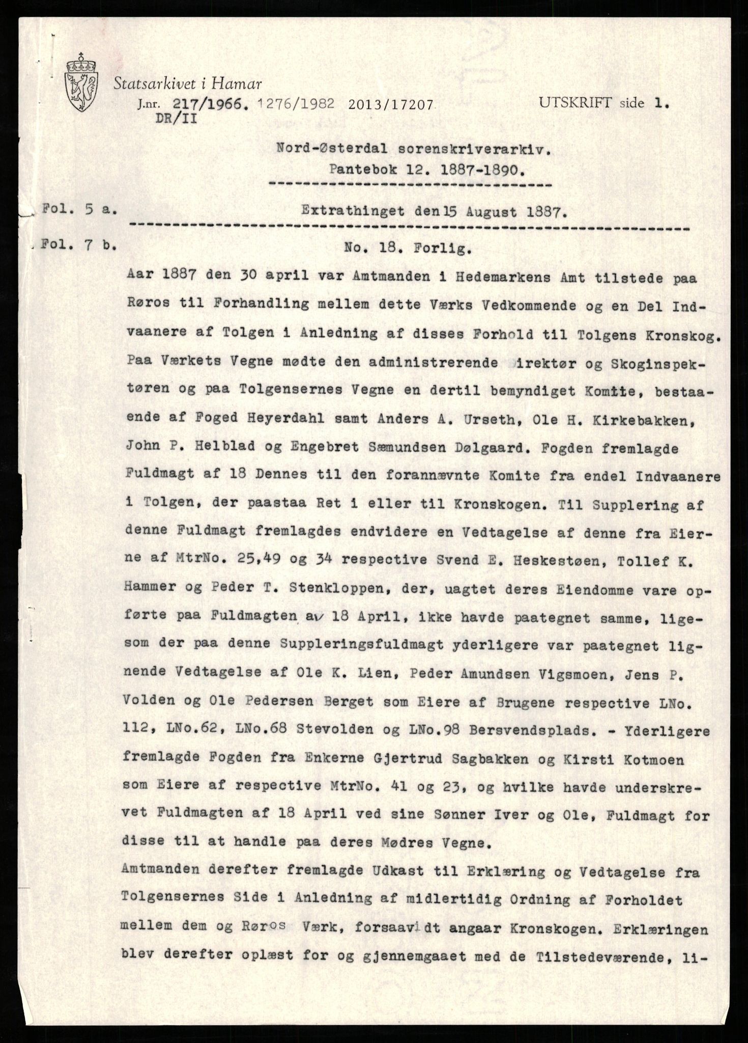 Avskriftssamlingen ved Statsarkivet i Hamar, AV/SAH-AVSKRIFT-001/H/Hs/Hsa/L0012: Pantebok for Nord-Østerdal, 1887-1890
