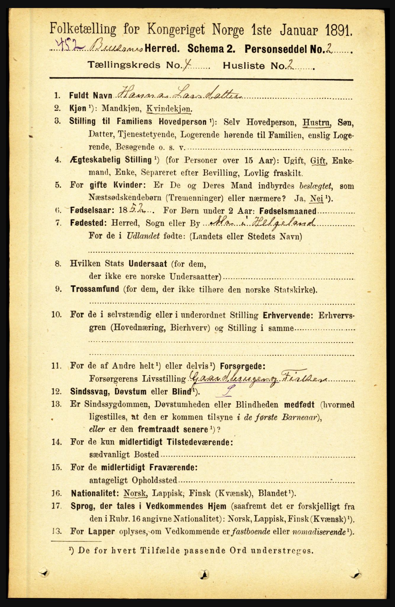 RA, 1891 census for 1860 Buksnes, 1891, p. 3023