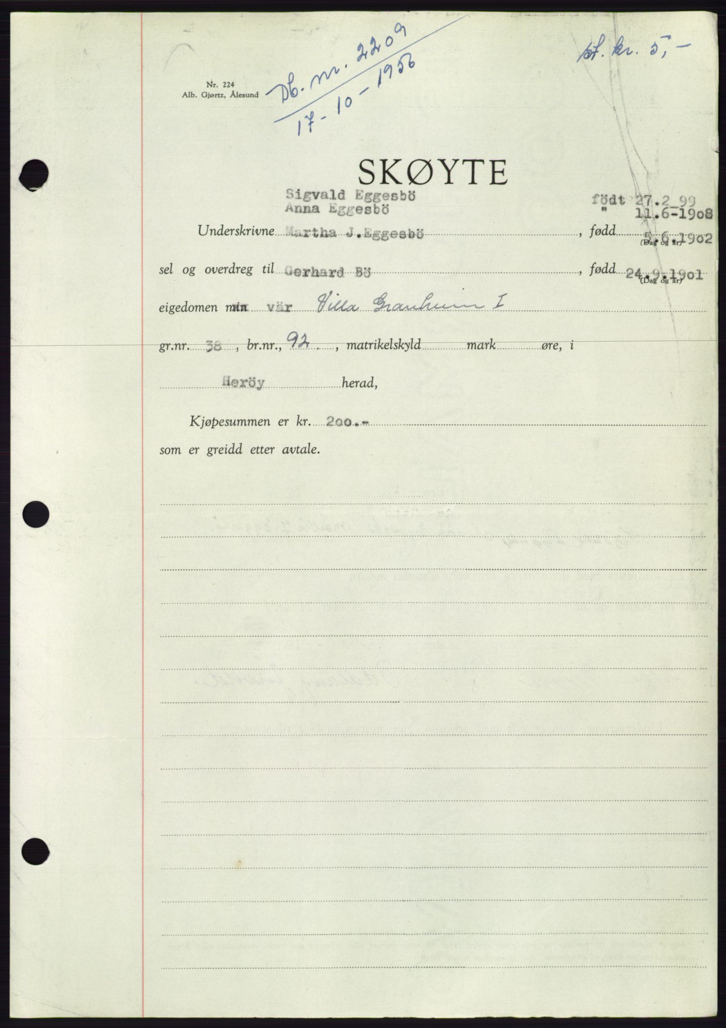 Søre Sunnmøre sorenskriveri, AV/SAT-A-4122/1/2/2C/L0104: Mortgage book no. 30A, 1956-1956, Diary no: : 2209/1956