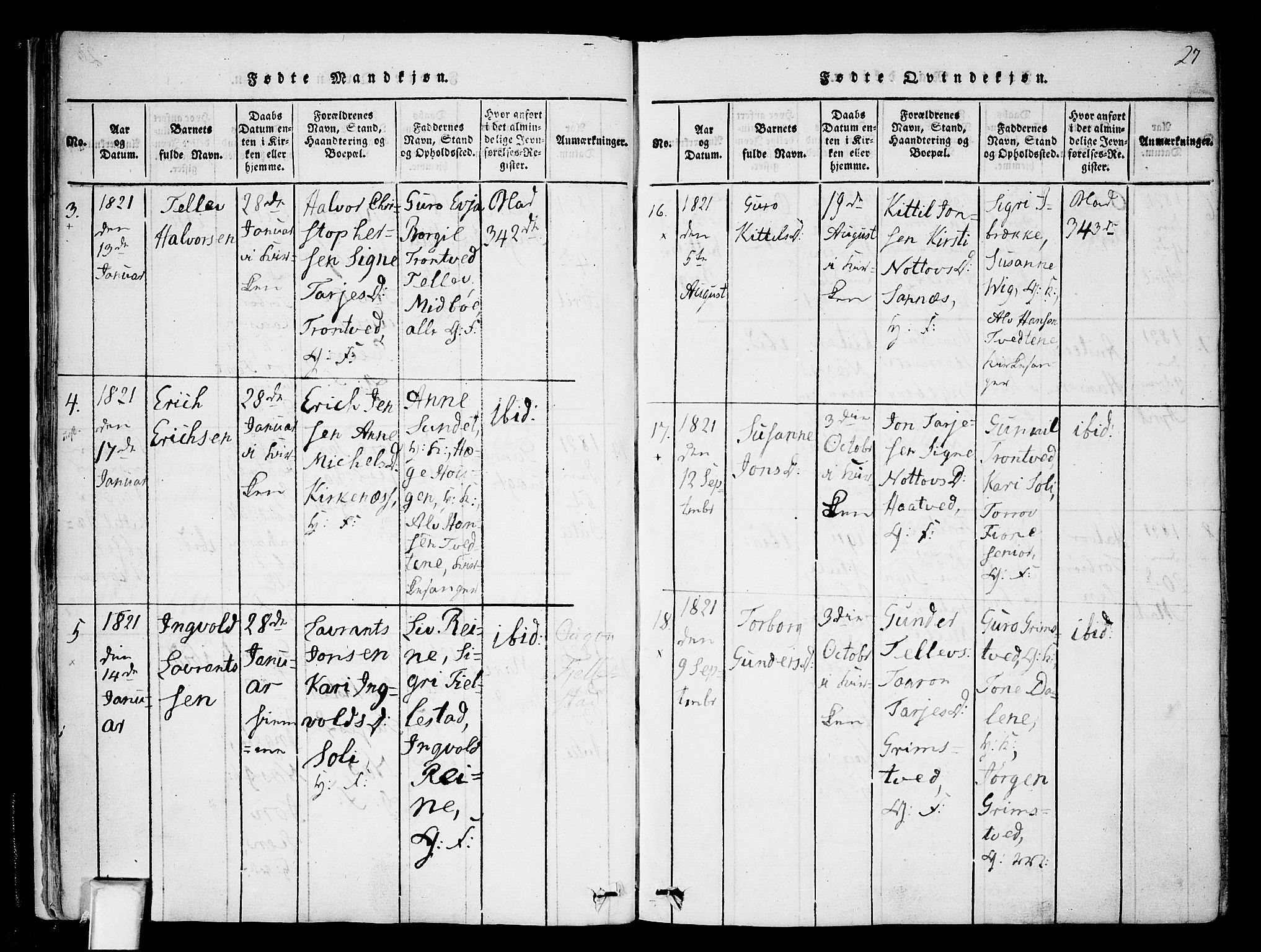 Nissedal kirkebøker, AV/SAKO-A-288/F/Fa/L0002: Parish register (official) no. I 2, 1814-1845, p. 27