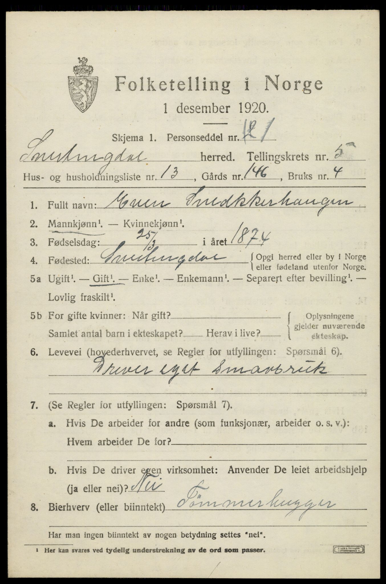 SAH, 1920 census for Snertingdal, 1920, p. 4471