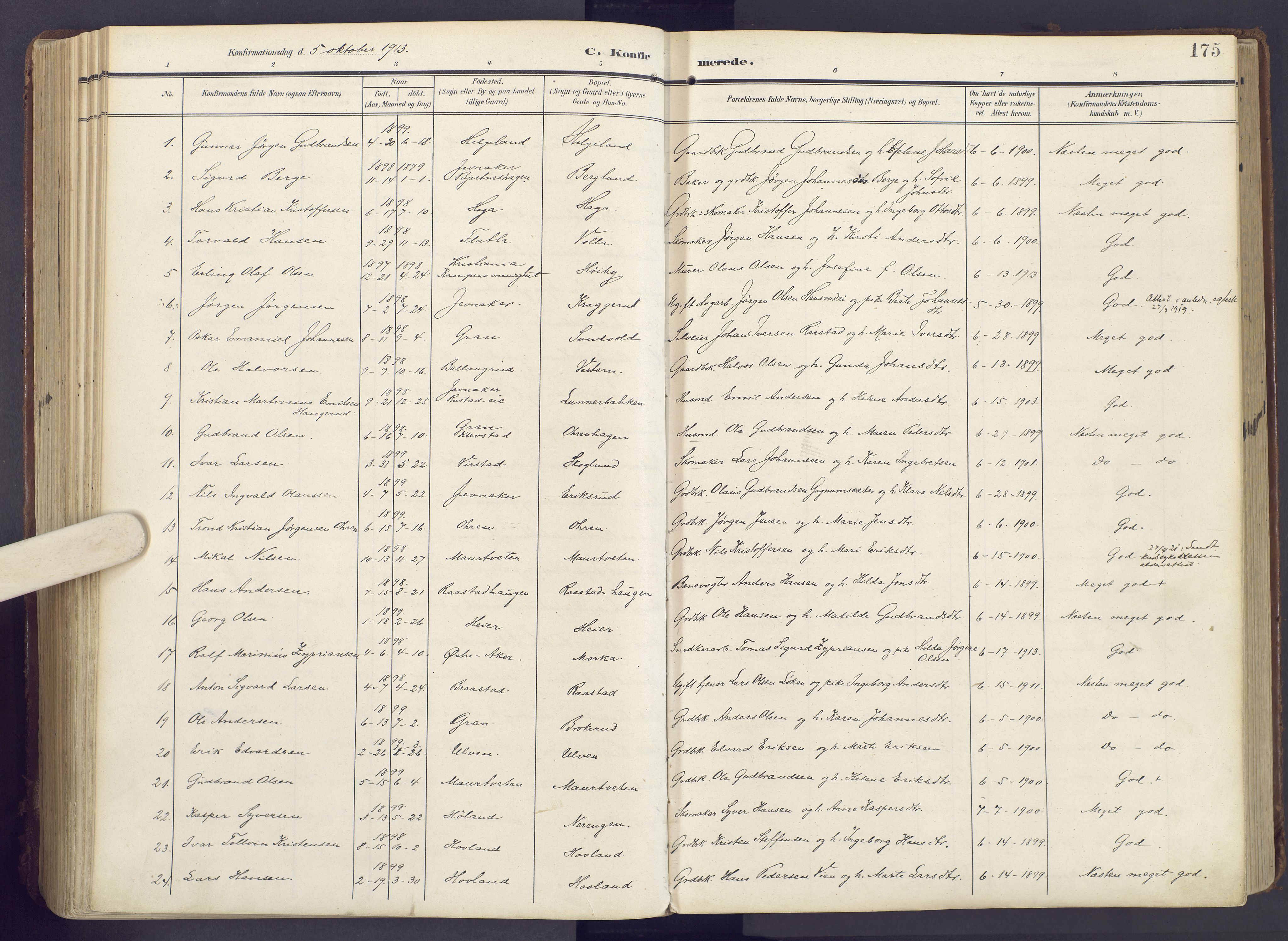 Lunner prestekontor, SAH/PREST-118/H/Ha/Haa/L0001: Parish register (official) no. 1, 1907-1922, p. 175