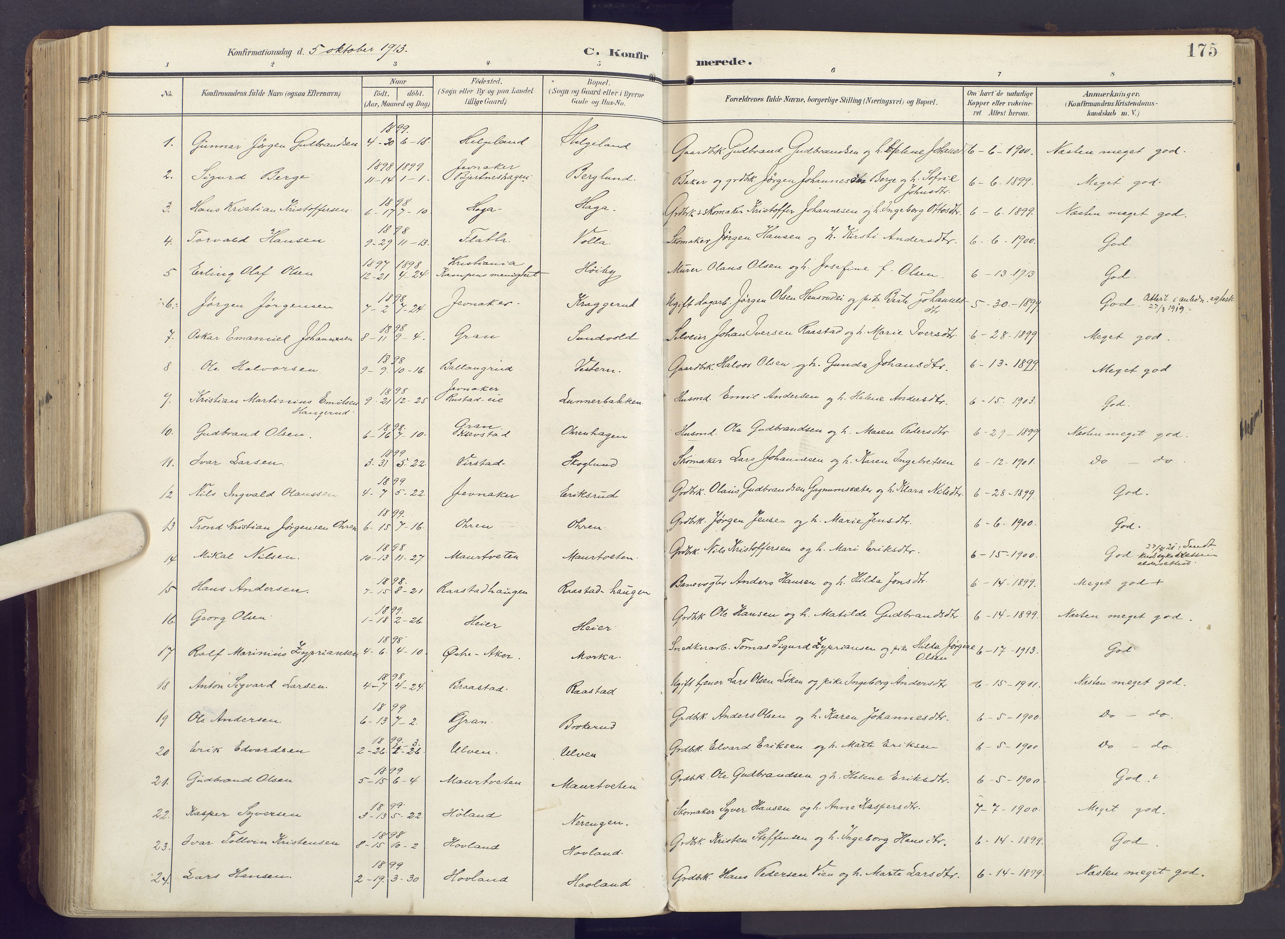 Lunner prestekontor, AV/SAH-PREST-118/H/Ha/Haa/L0001: Parish register (official) no. 1, 1907-1922, p. 175